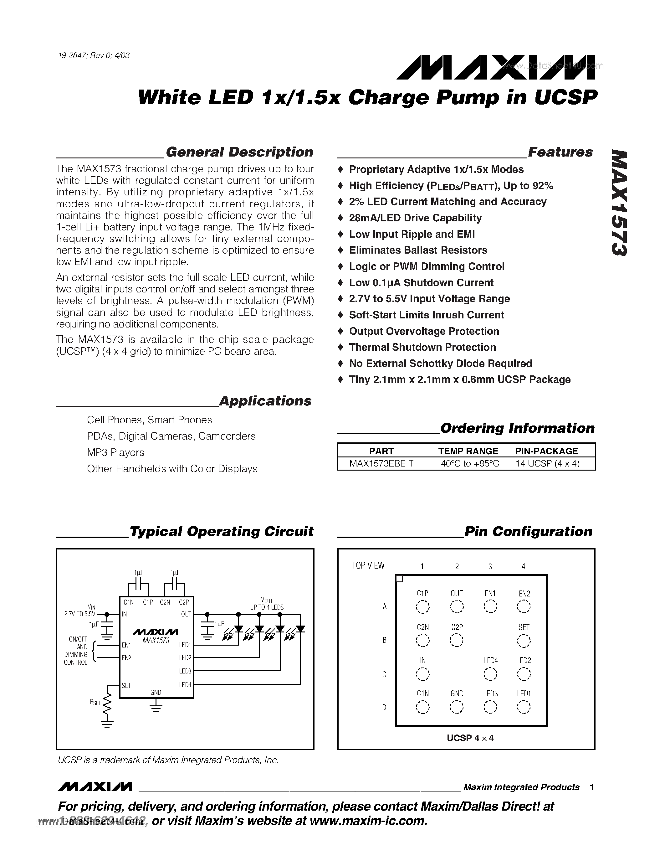 Datasheet MAX1573 - White LED 1x/1.5x Charge Pump page 1