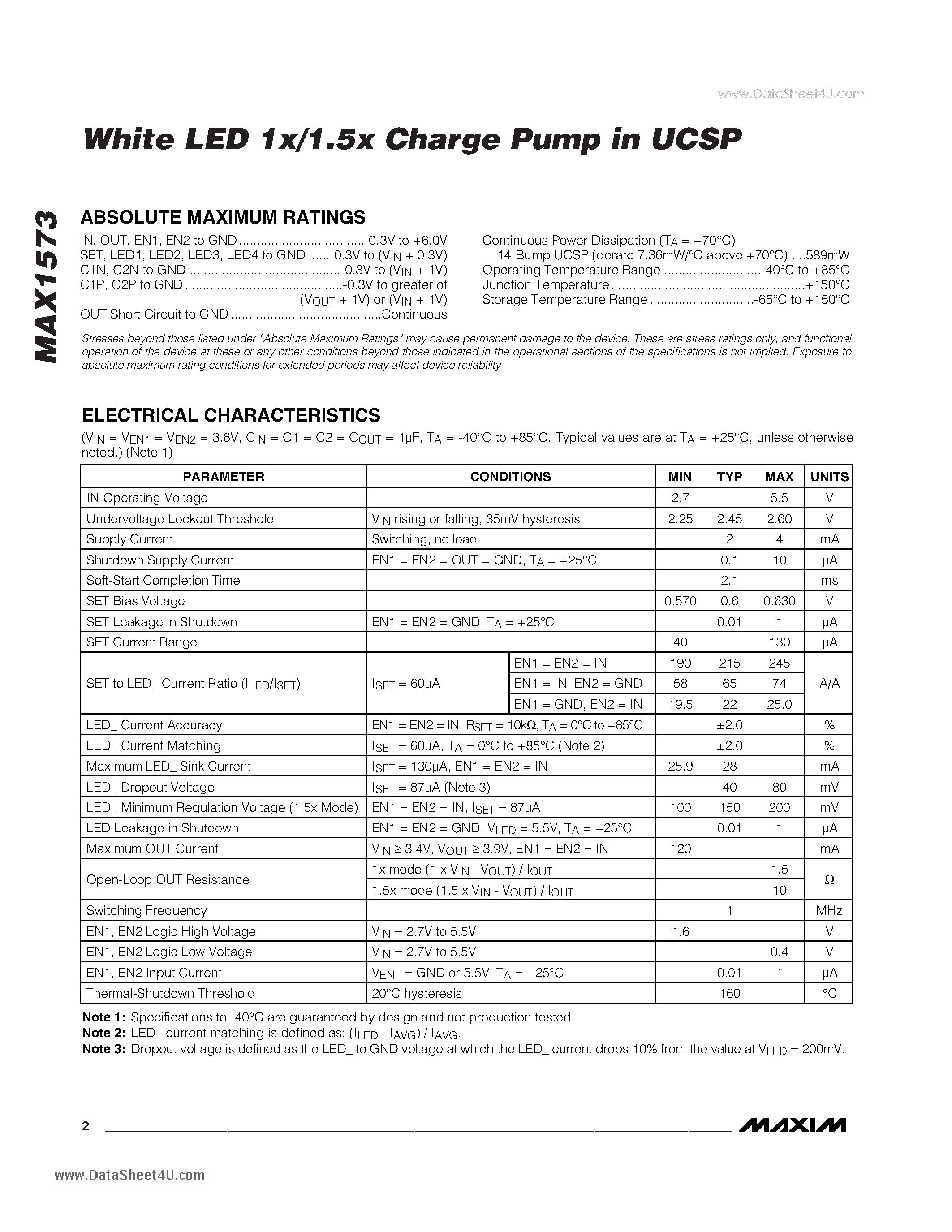 Datasheet MAX1573 - White LED 1x/1.5x Charge Pump page 2