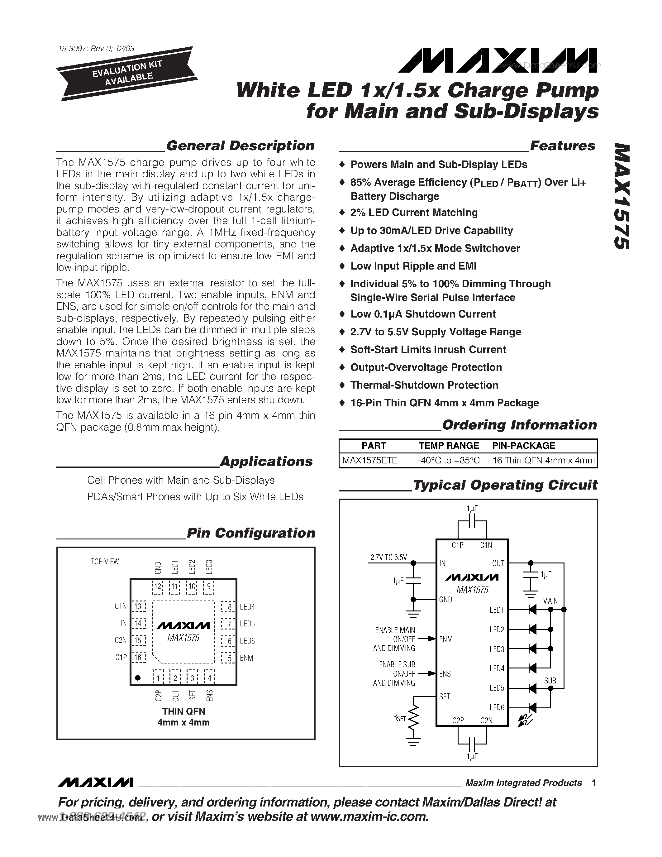 Datasheet MAX1575 - White LED 1x/1.5x Charge Pump page 1