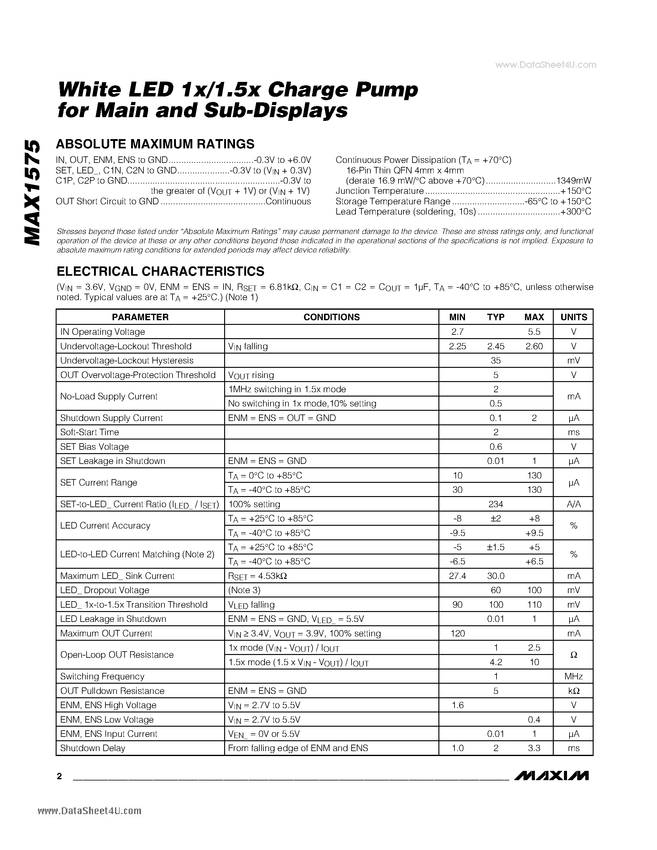 Datasheet MAX1575 - White LED 1x/1.5x Charge Pump page 2