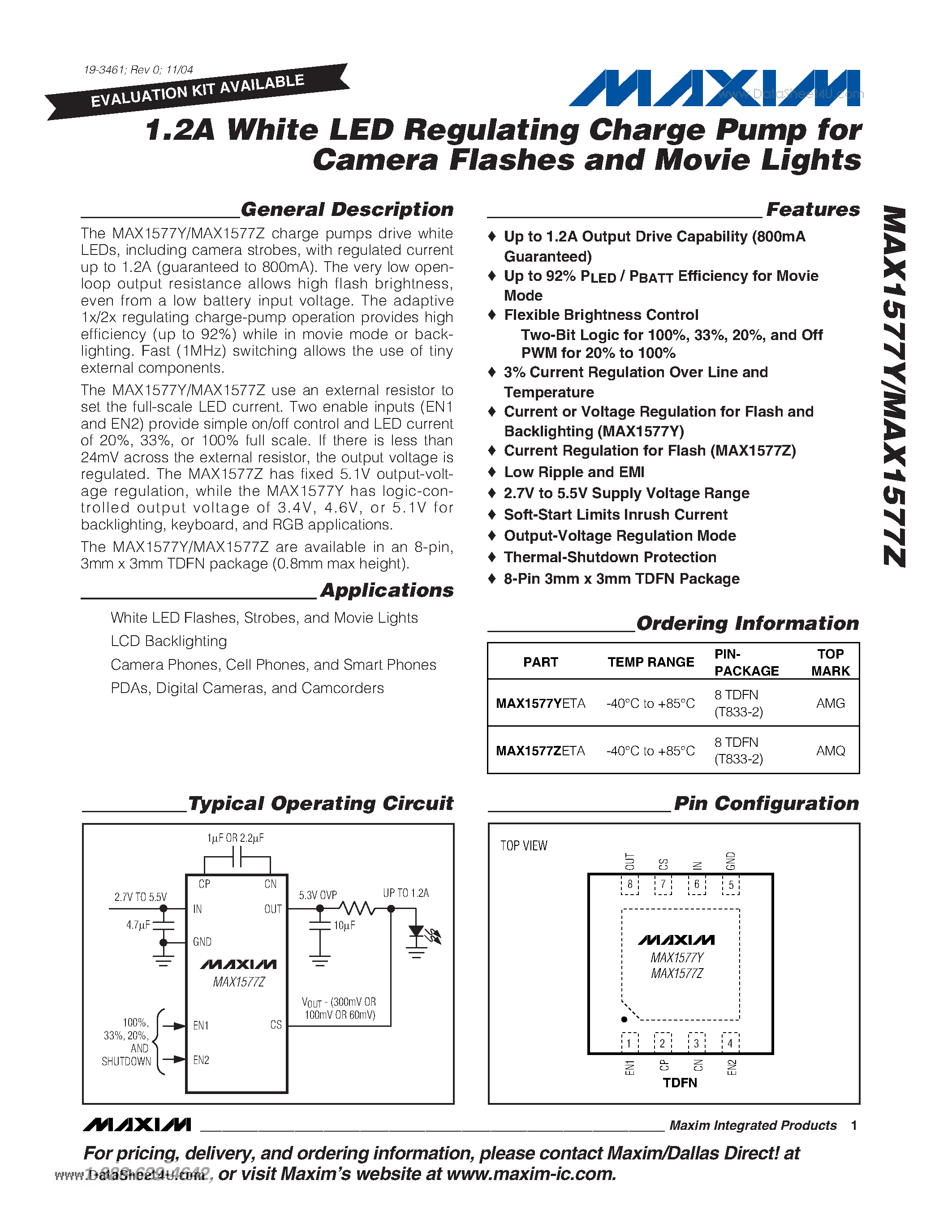 Datasheet MAX1577Y - 1.2A White LED Regulating Charge Pump page 1