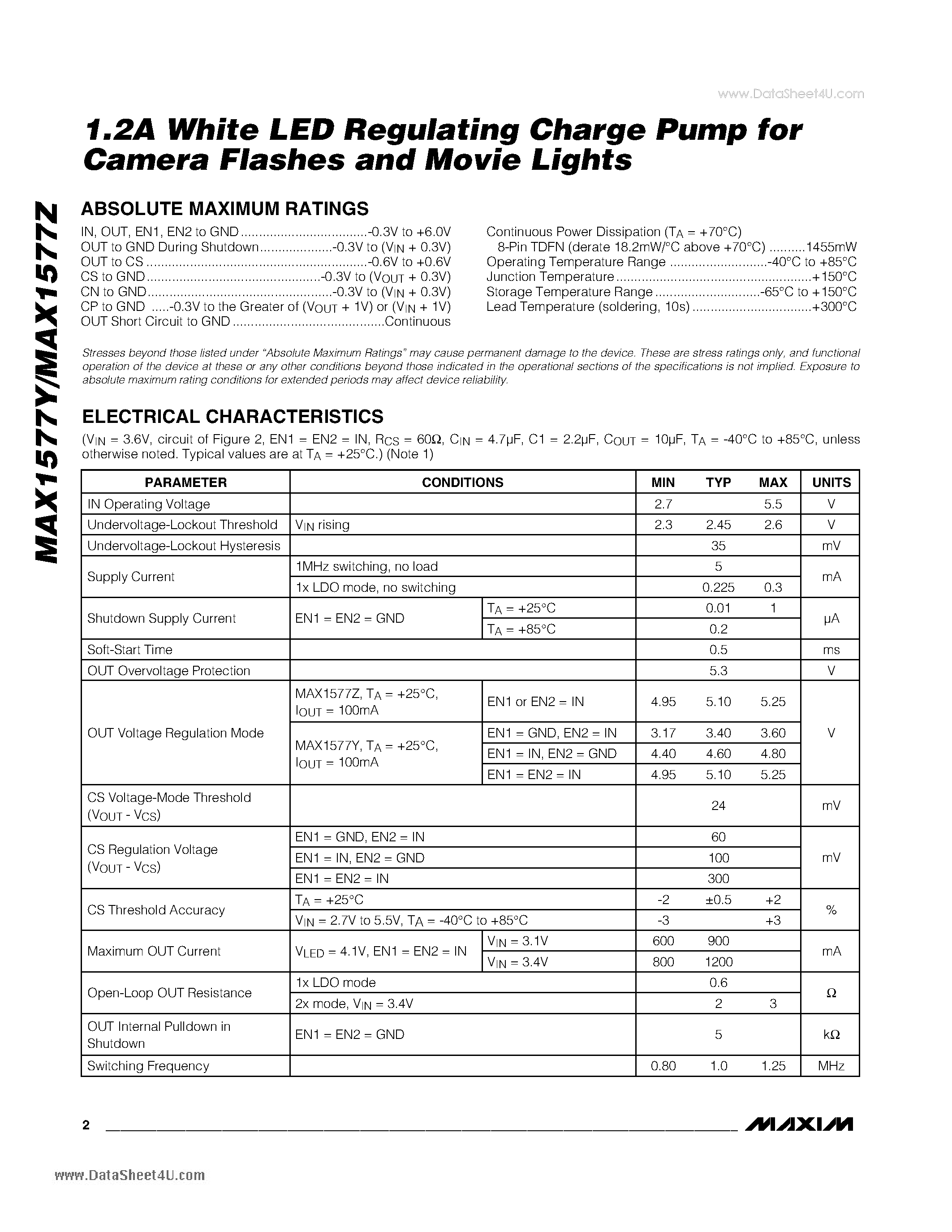 Datasheet MAX1577Y - 1.2A White LED Regulating Charge Pump page 2
