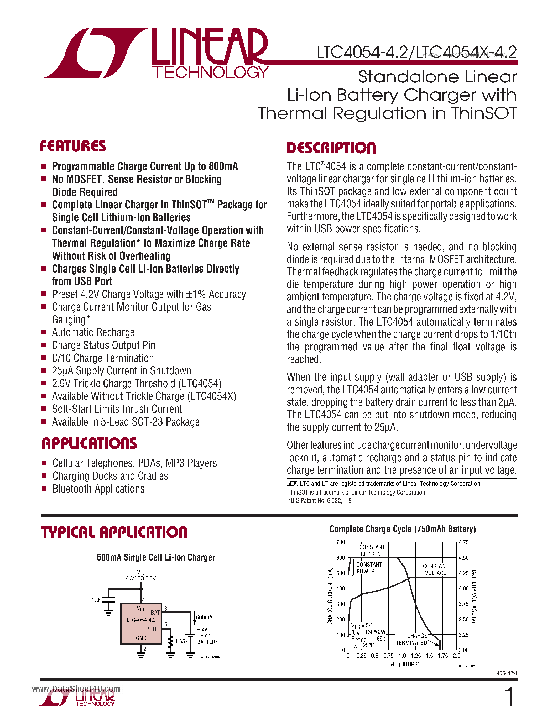 Даташит на микросхему LTC4054-4.2 страница 1 Даташит LTC4054-4.2 - Standalone Linear Li-Ion Battery Charger страница 1