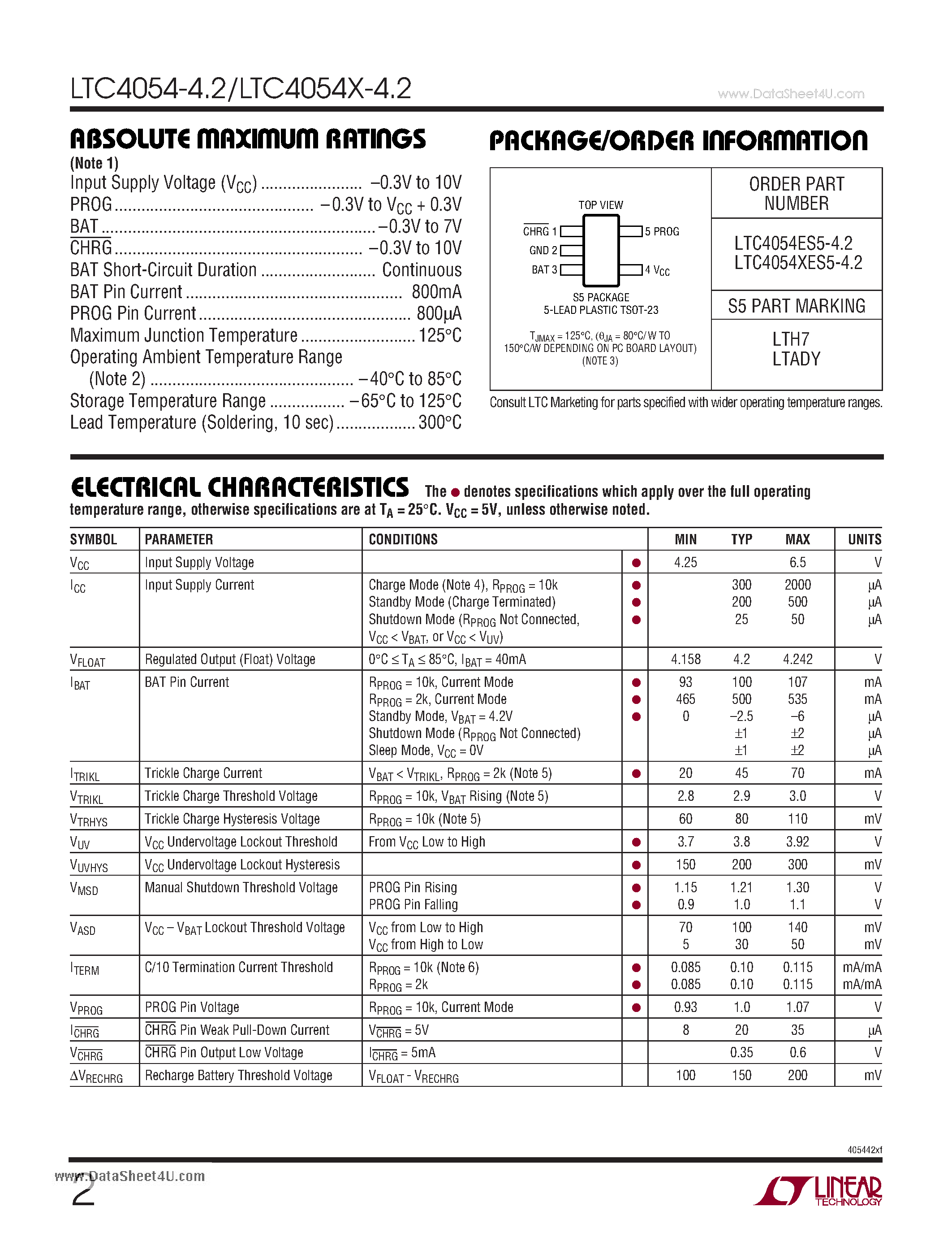 Даташит на микросхему LTC4054-4.2 страница 2 Даташит LTC4054-4.2 - Standalone Linear Li-Ion Battery Charger страница 2