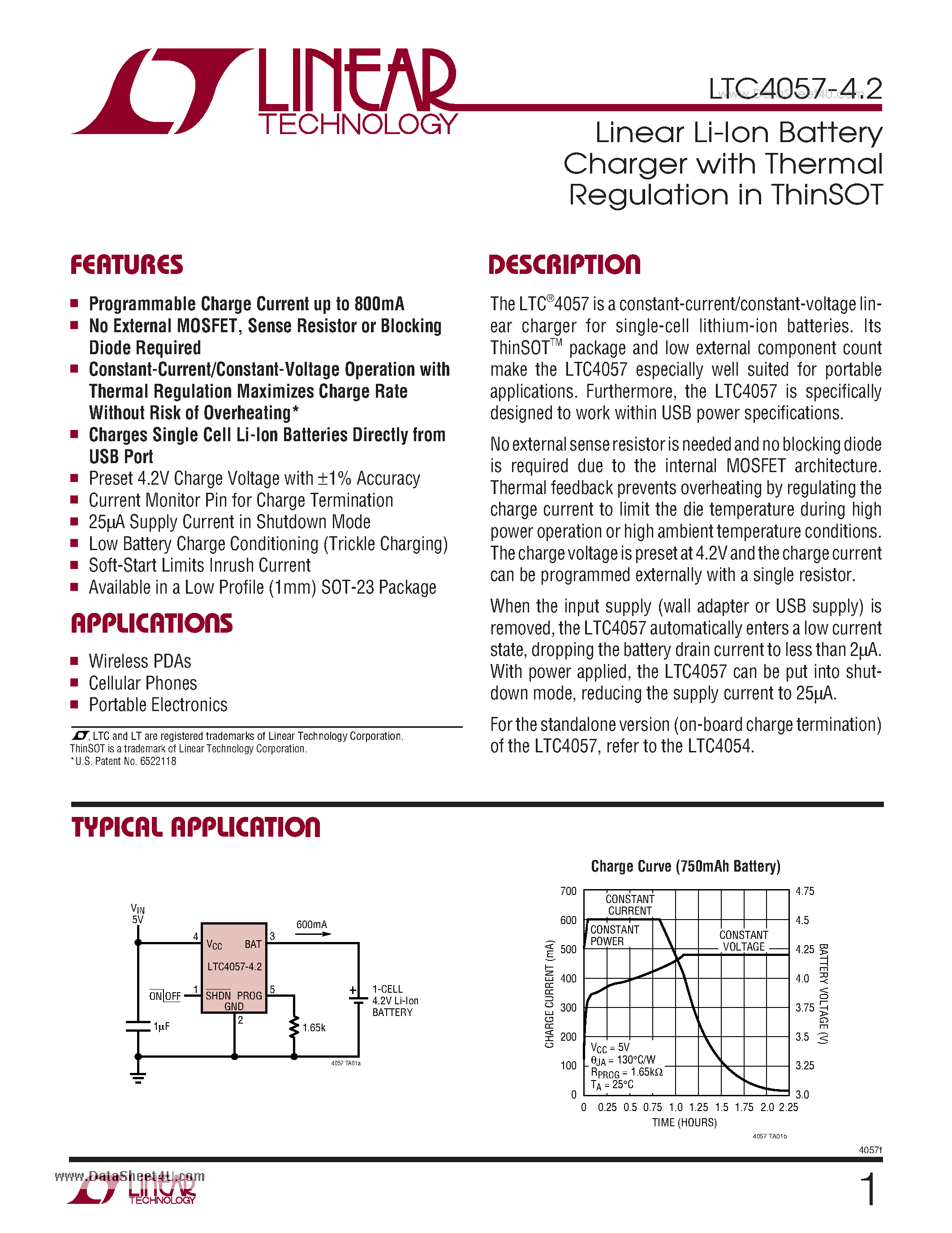 Datasheet LTC4057-4.2 - Linear Li-Ion Battery Charger with Thermal Regulation in ThinSOT page 1