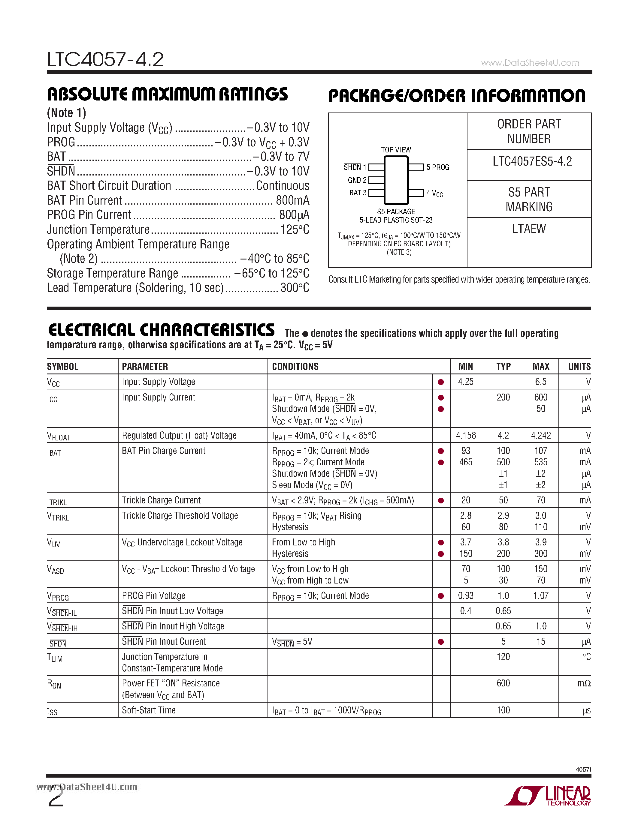 Datasheet LTC4057-4.2 - Linear Li-Ion Battery Charger with Thermal Regulation in ThinSOT page 2