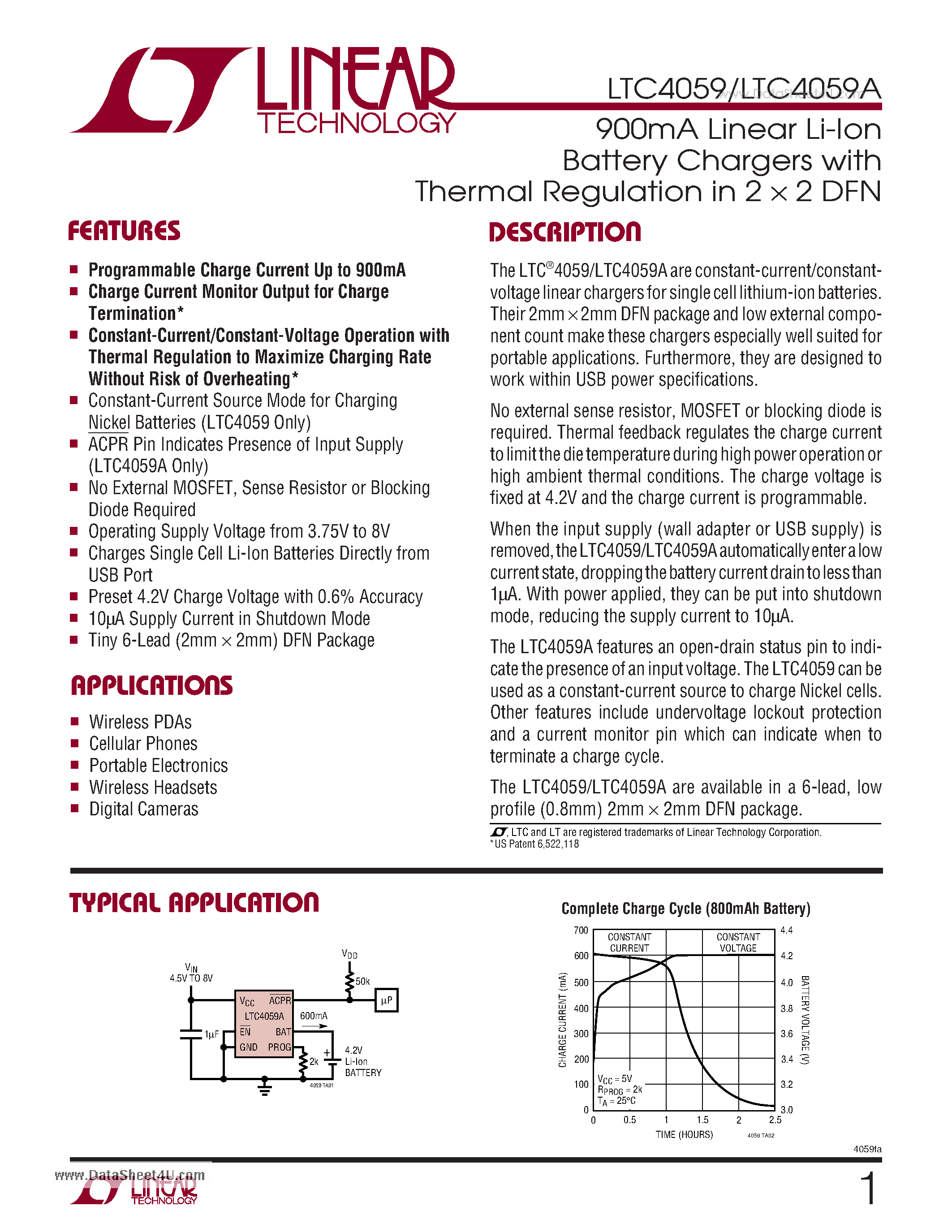 Datasheet LTC4059 - 900mA Linear Li-Ion Battery Chargers page 1