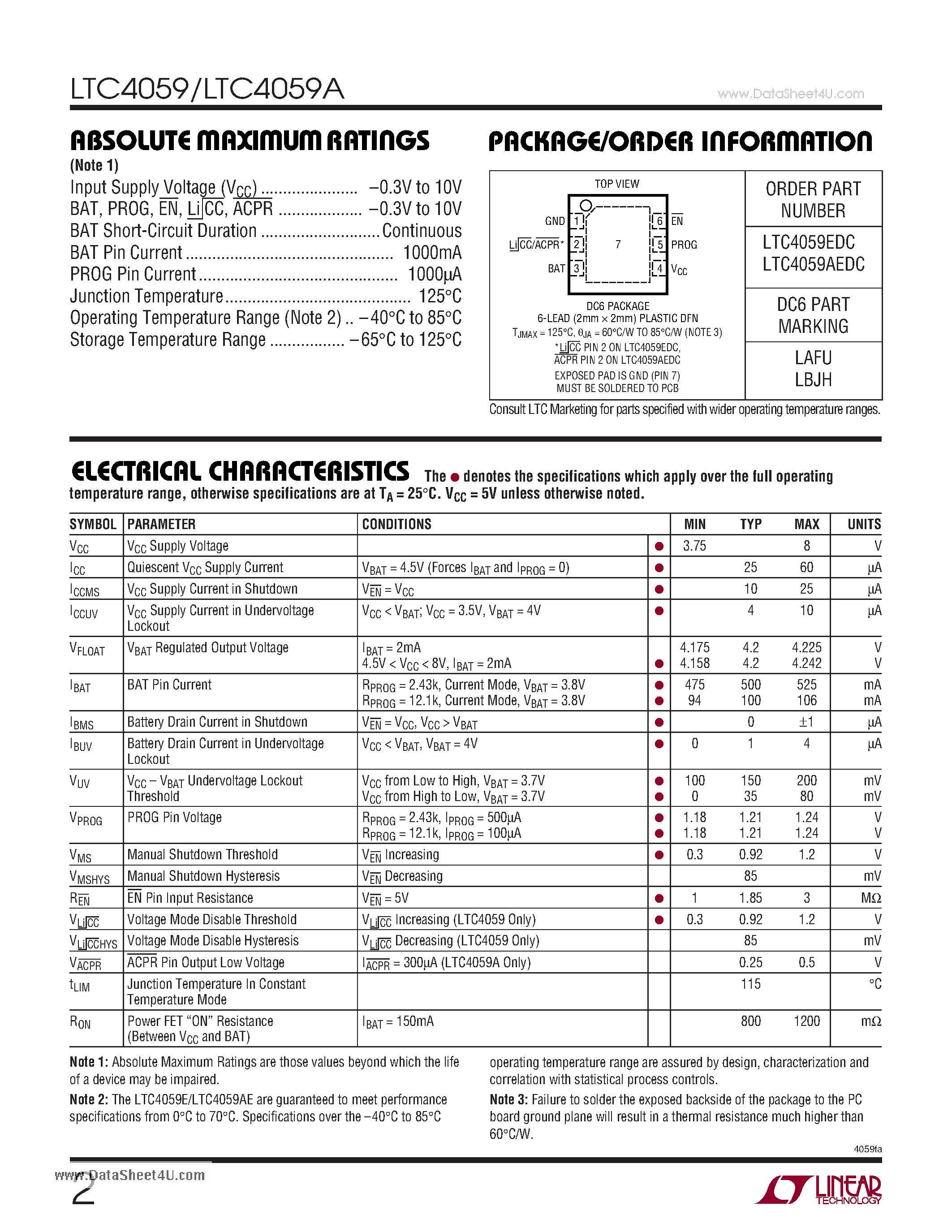 Datasheet LTC4059 - 900mA Linear Li-Ion Battery Chargers page 2