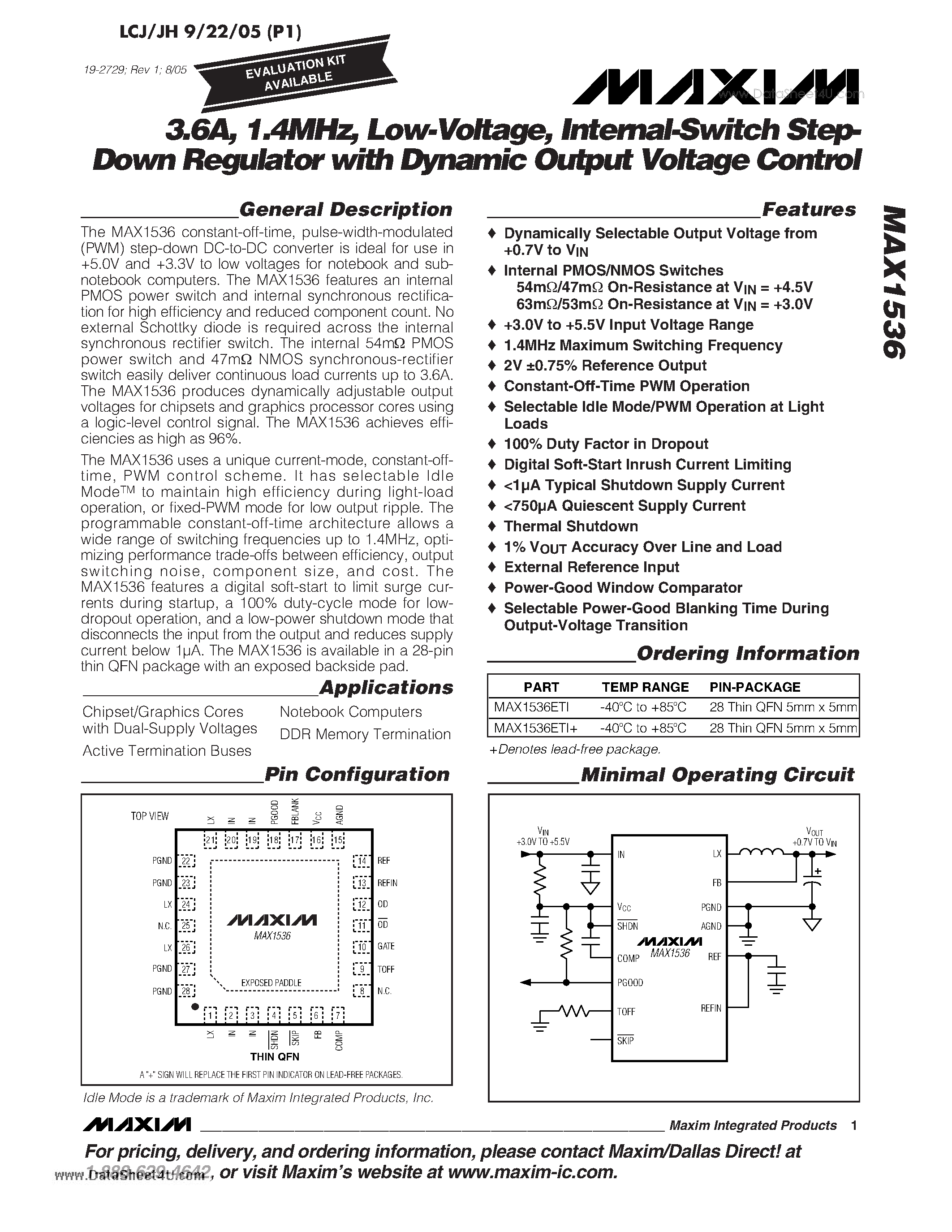 Datasheet MAX1536 - 3.6A 1.4MHz Low-Voltage Internal-Switch Step-Down Regulator with Dynamic Output Voltage Control page 1
