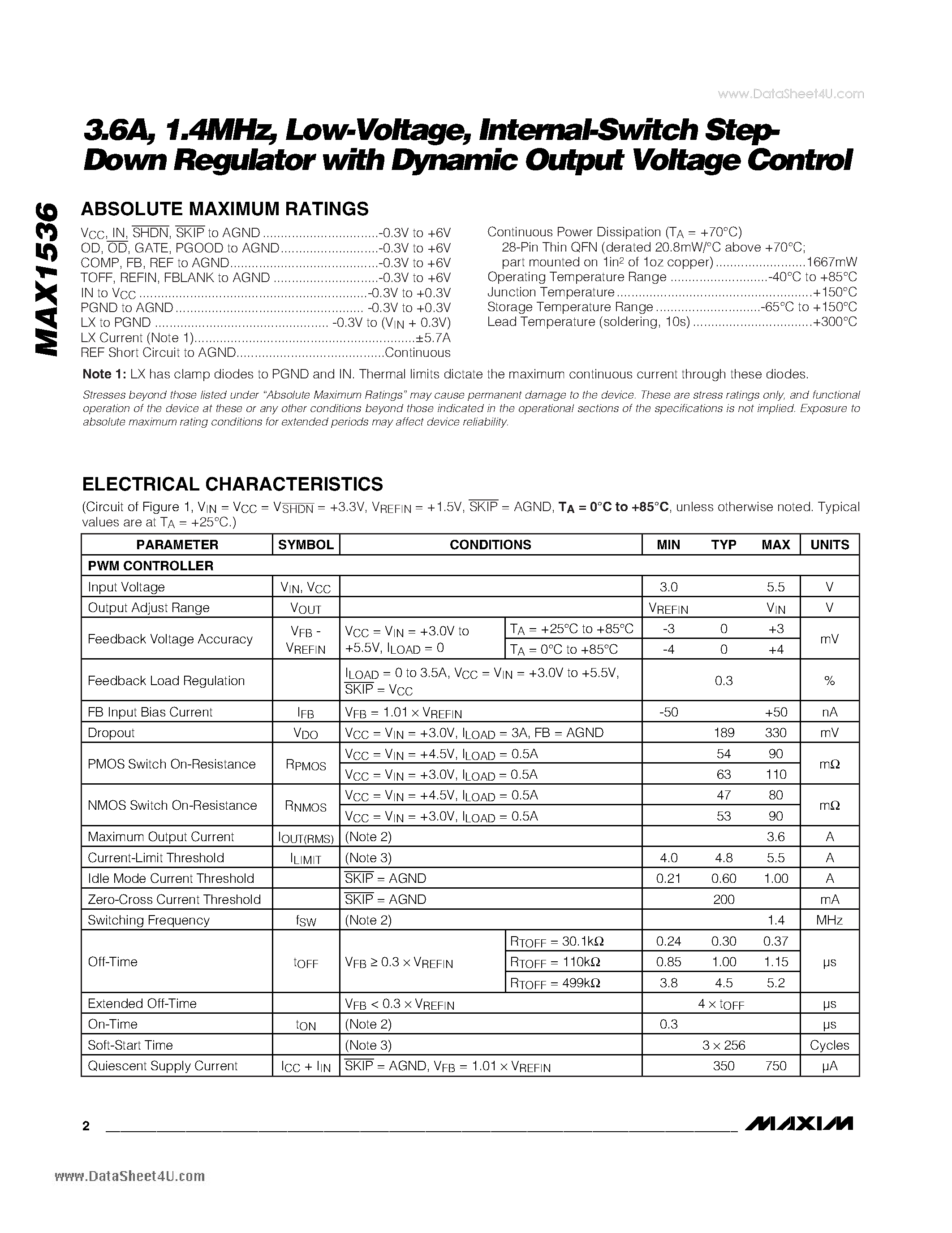 Datasheet MAX1536 - 3.6A 1.4MHz Low-Voltage Internal-Switch Step-Down Regulator with Dynamic Output Voltage Control page 2