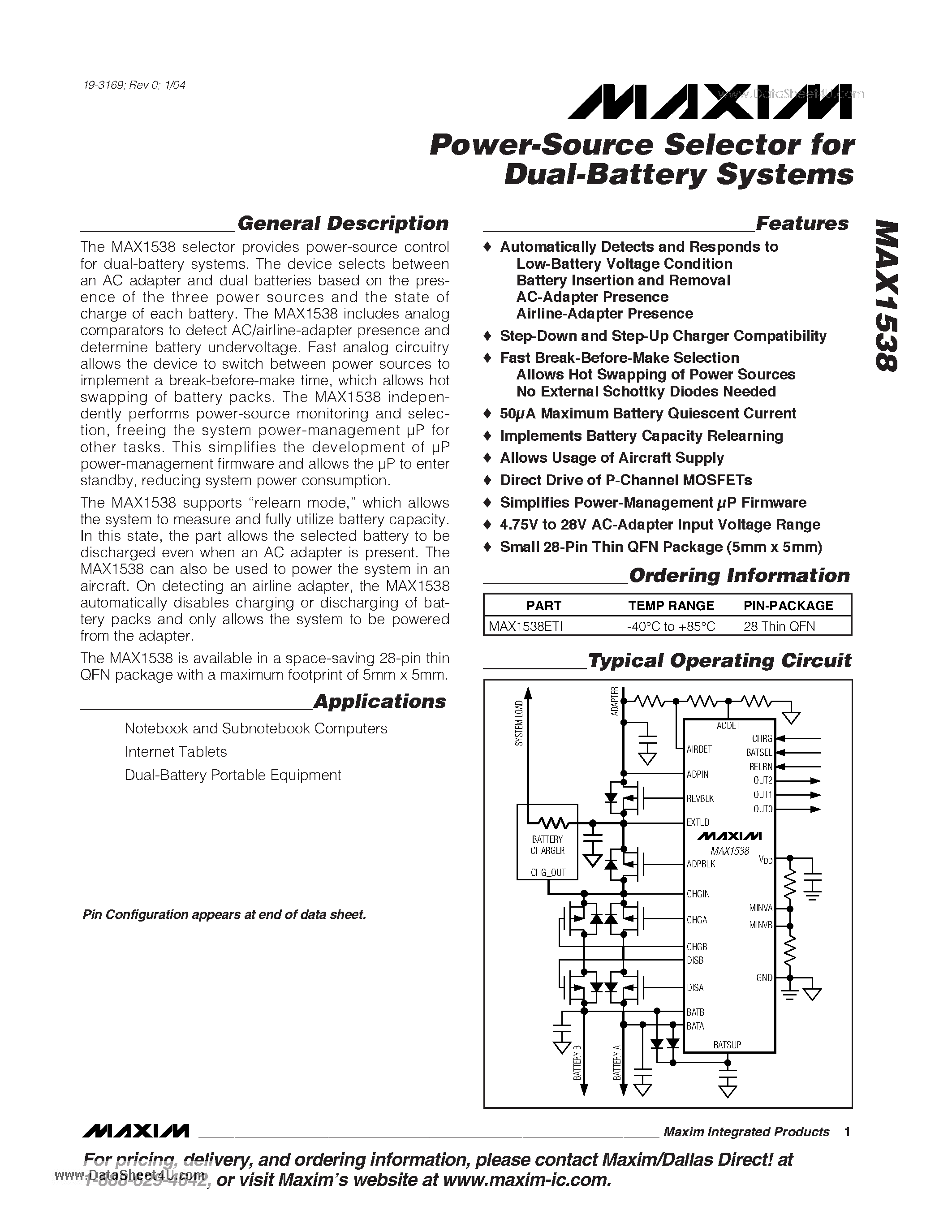 Datasheet MAX1538 - Power-Source Selector for Dual-Battery Systems page 1