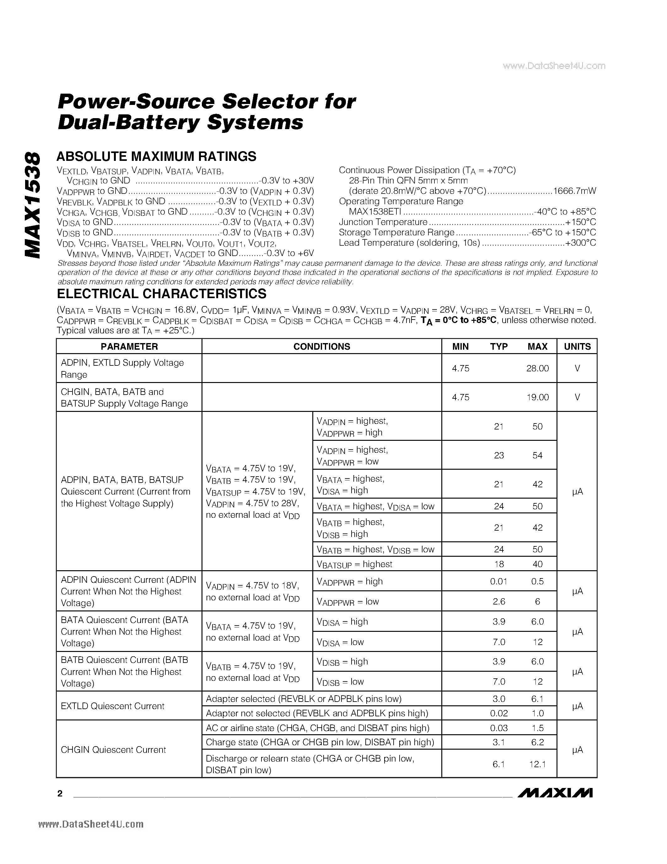 Datasheet MAX1538 - Power-Source Selector for Dual-Battery Systems page 2