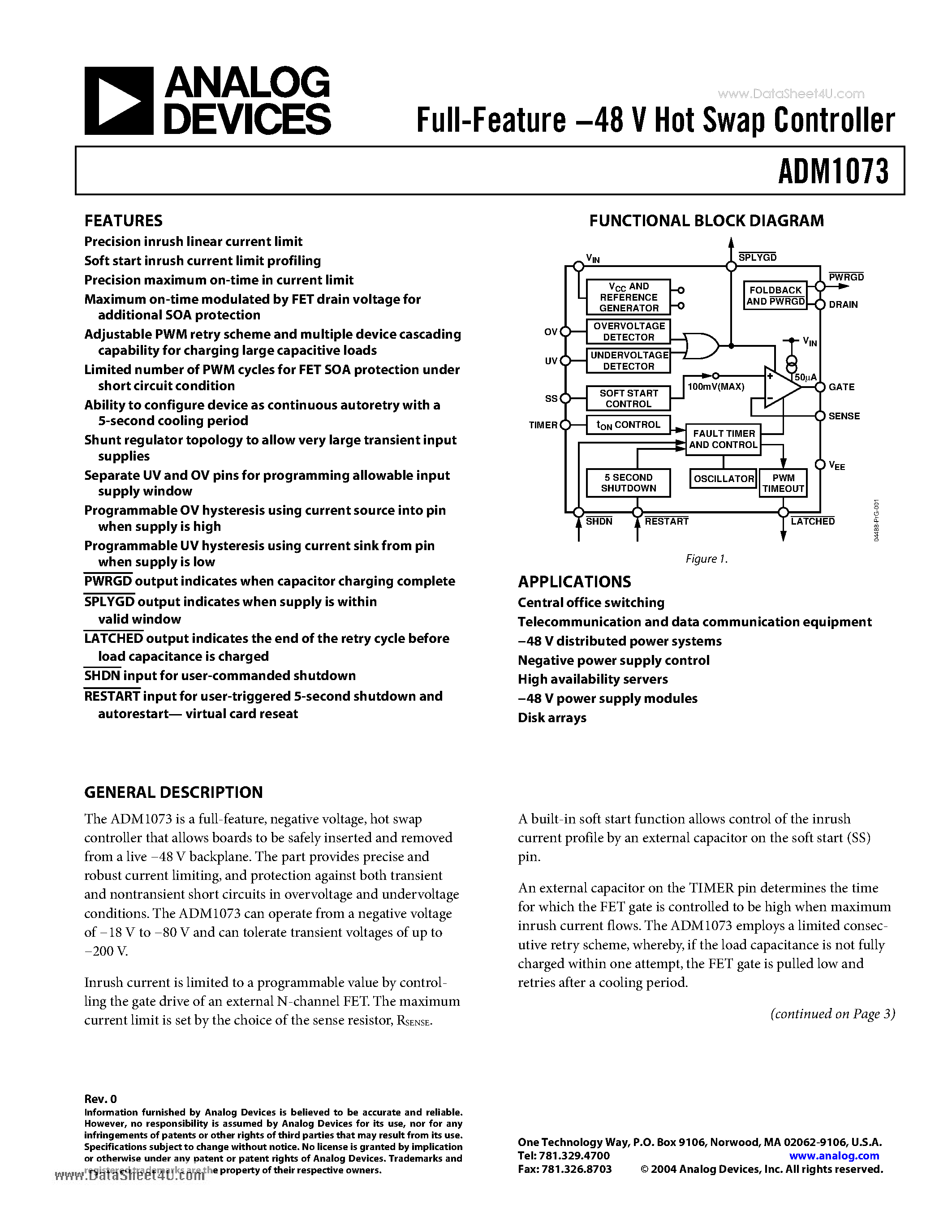 Datasheet ADM1073 page 1 Datasheet ADM1073 - Full-Feature 48 V Hot Swap Controller page 1