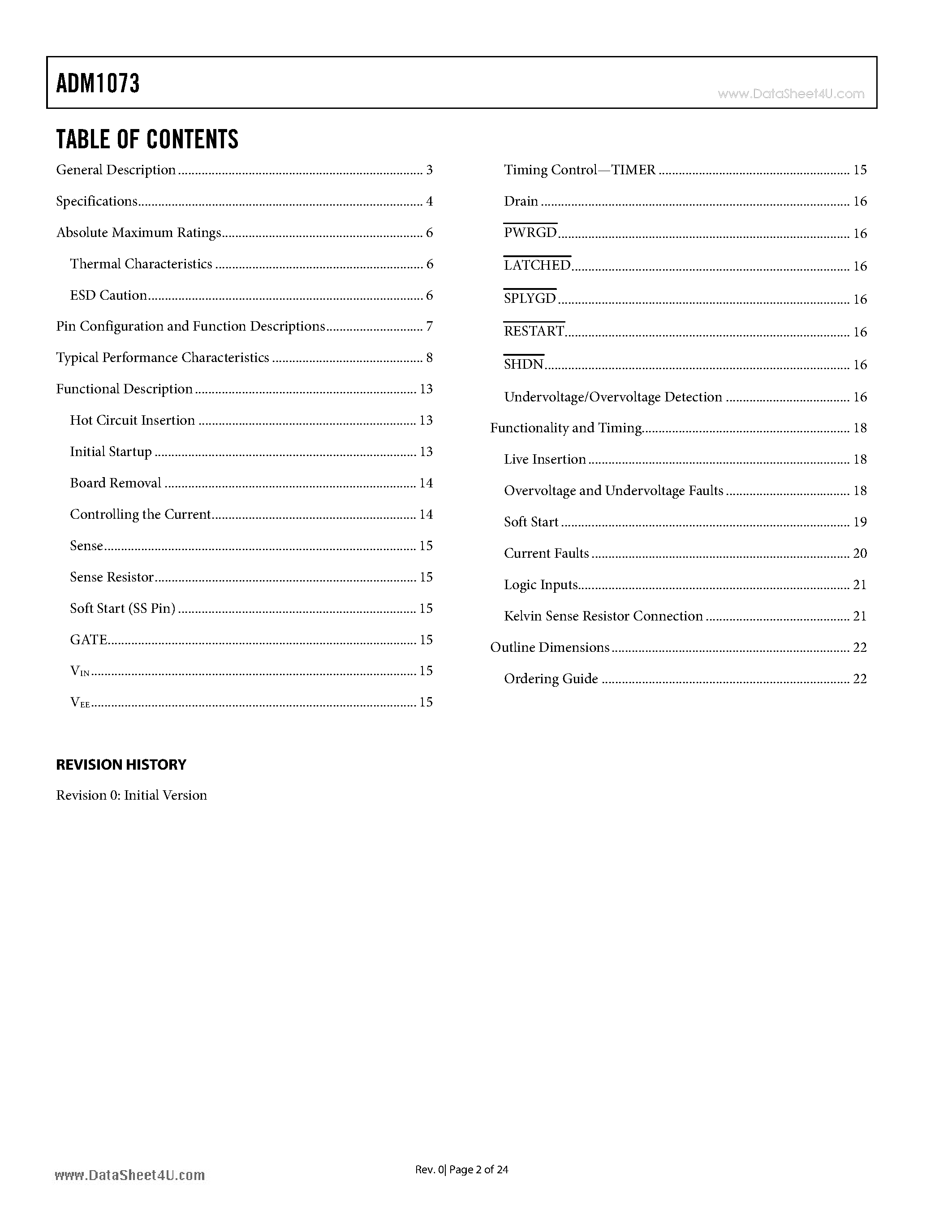 Datasheet ADM1073 page 2 Datasheet ADM1073 - Full-Feature 48 V Hot Swap Controller page 2
