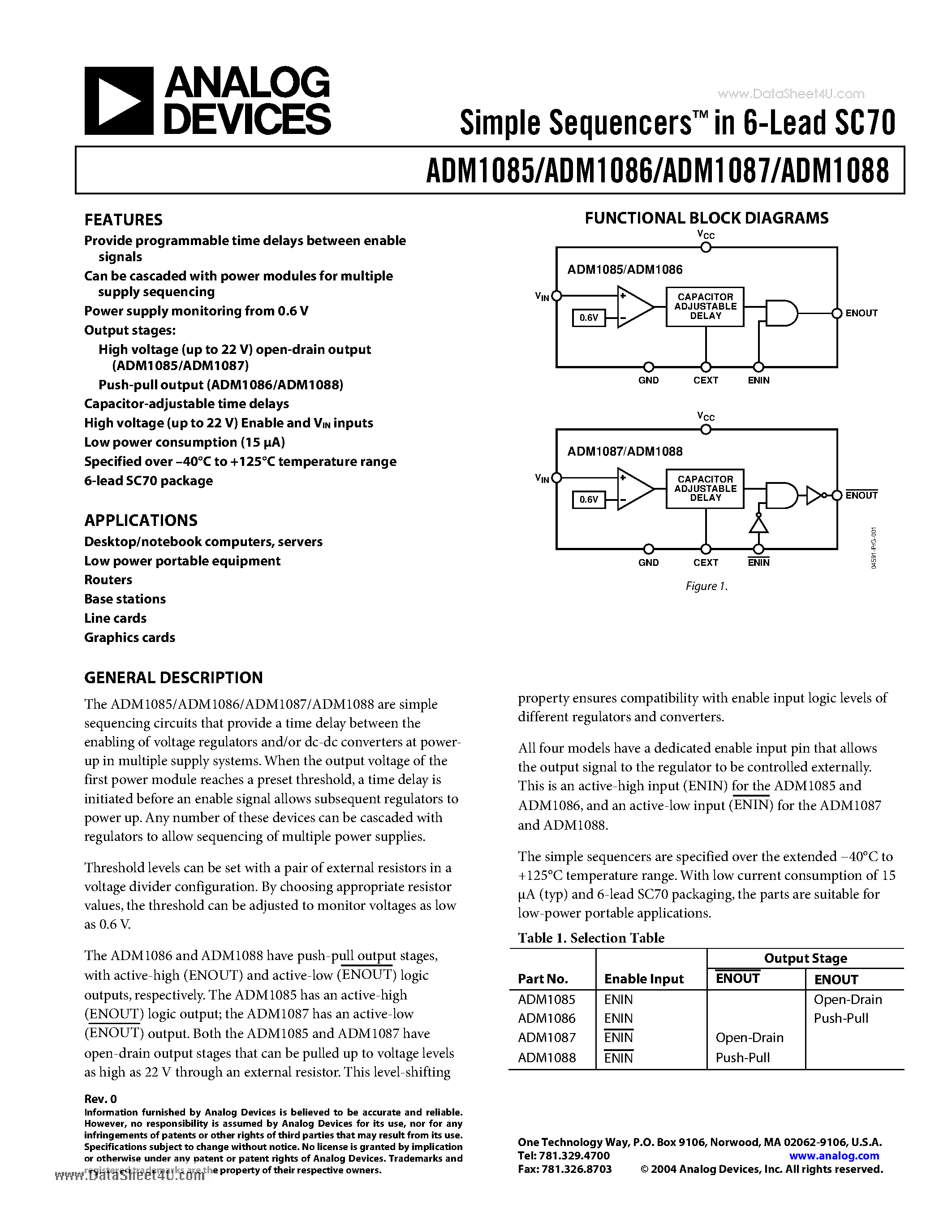 Datasheet ADM1085 page 1 Datasheet ADM1085 - Simple Sequencers in 6-Lead SC70 page 1