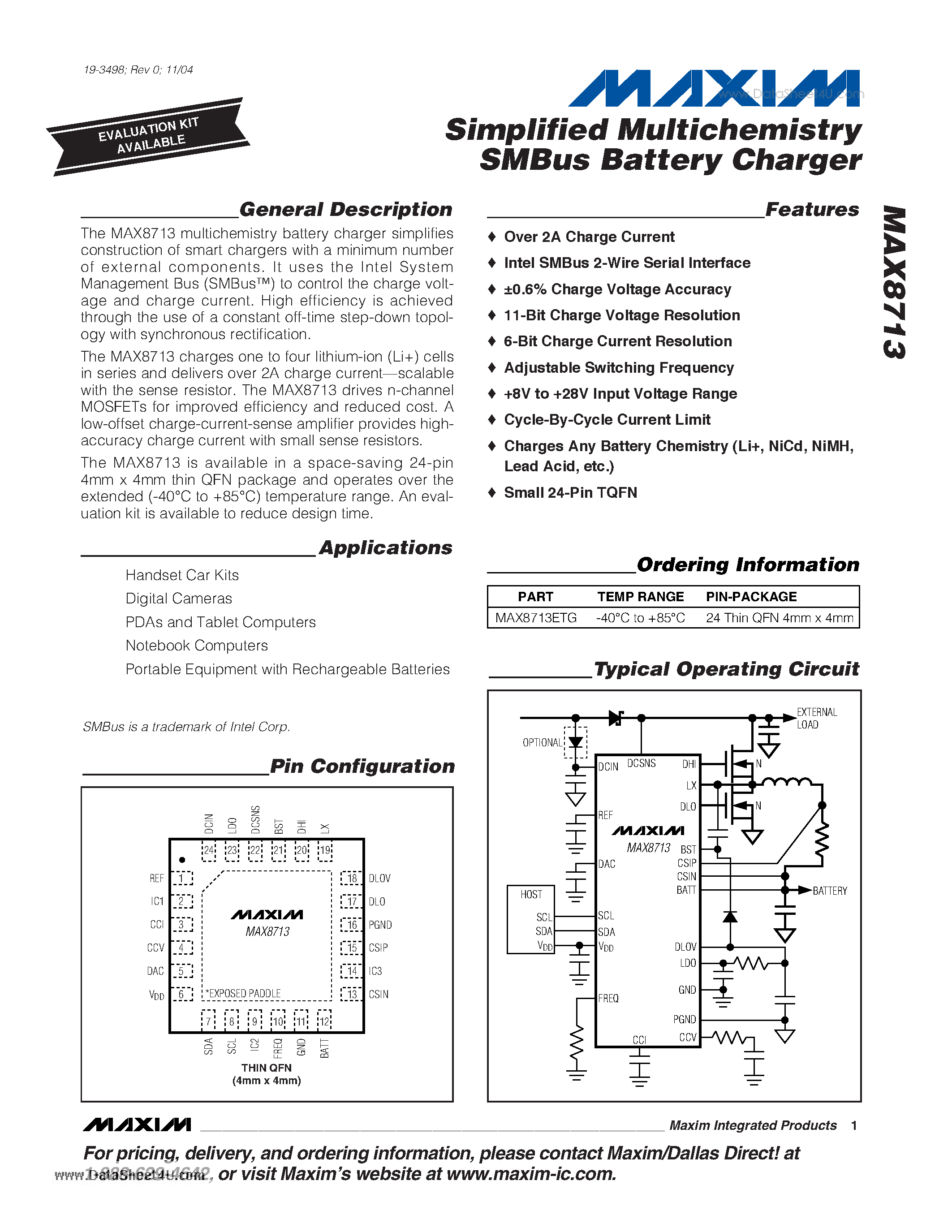 Datasheet MAX8713 - Simplified Multichemistry SMBus Battery Charger page 1