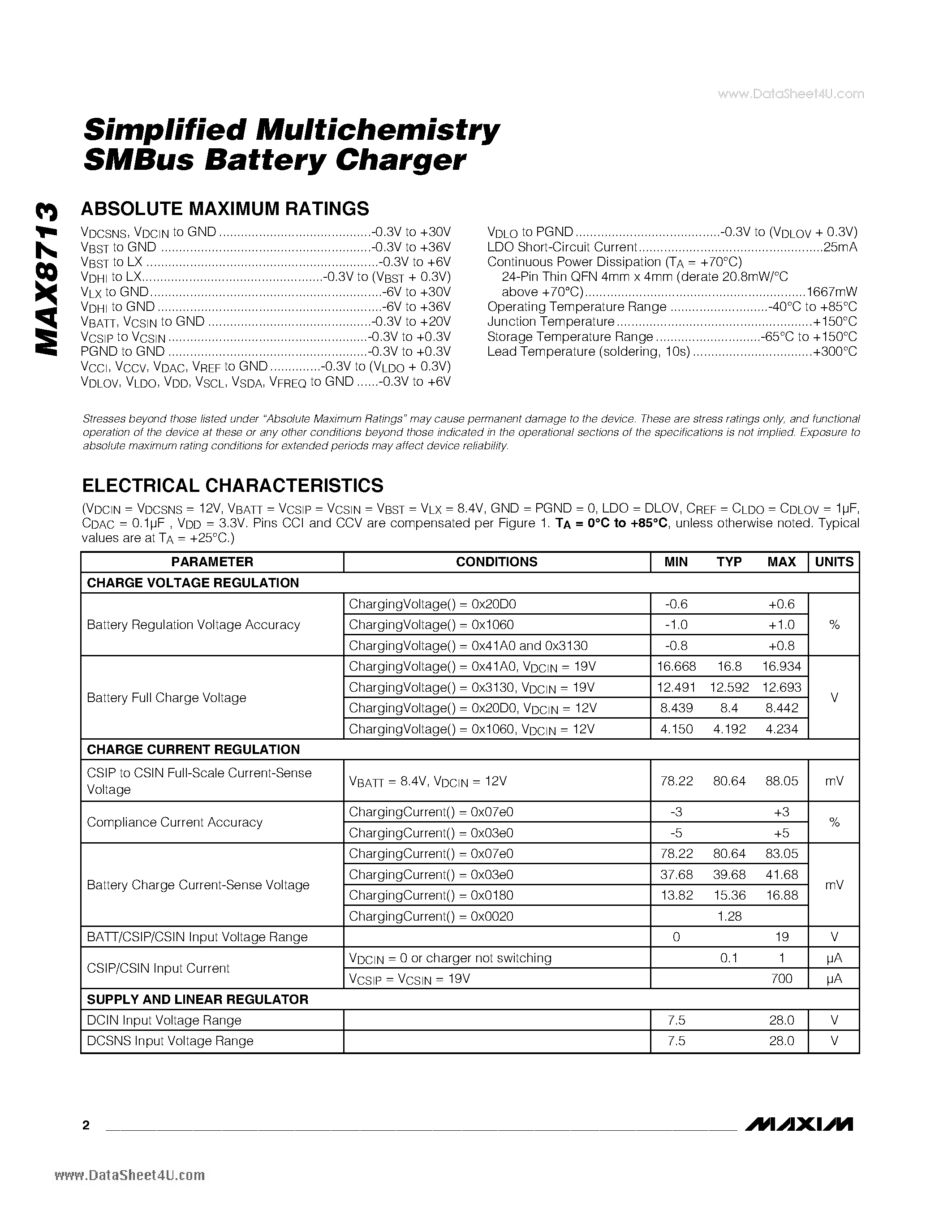 Datasheet MAX8713 - Simplified Multichemistry SMBus Battery Charger page 2