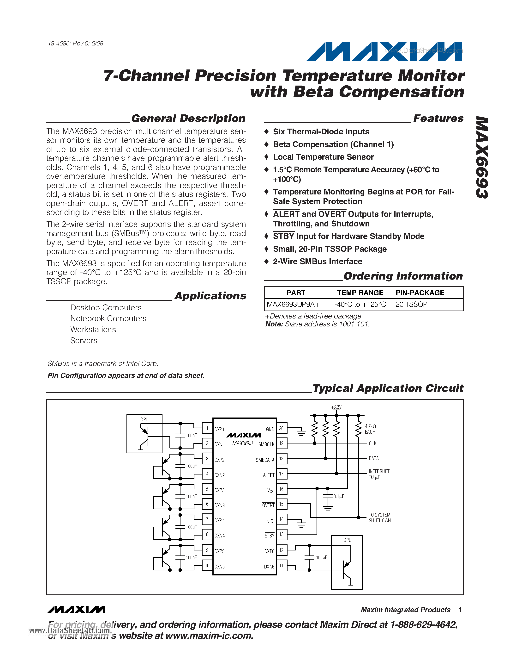 Даташит на микросхему MAX6693 страница 1 Даташит MAX6693 - 7-Channel Precision Temperature Monitor страница 1