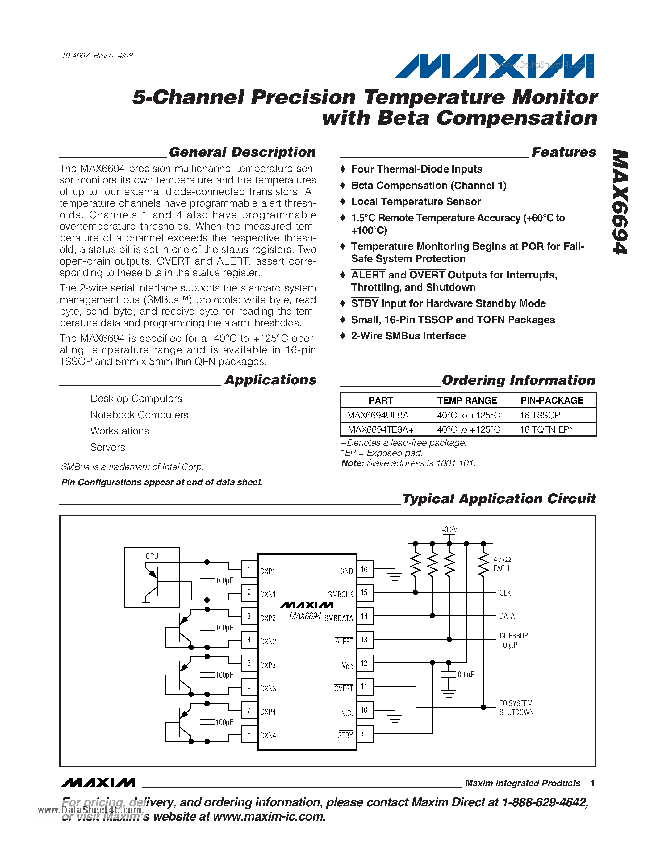 Datasheet MAX6694 - 5-Channel Precision Temperature Monitor page 1