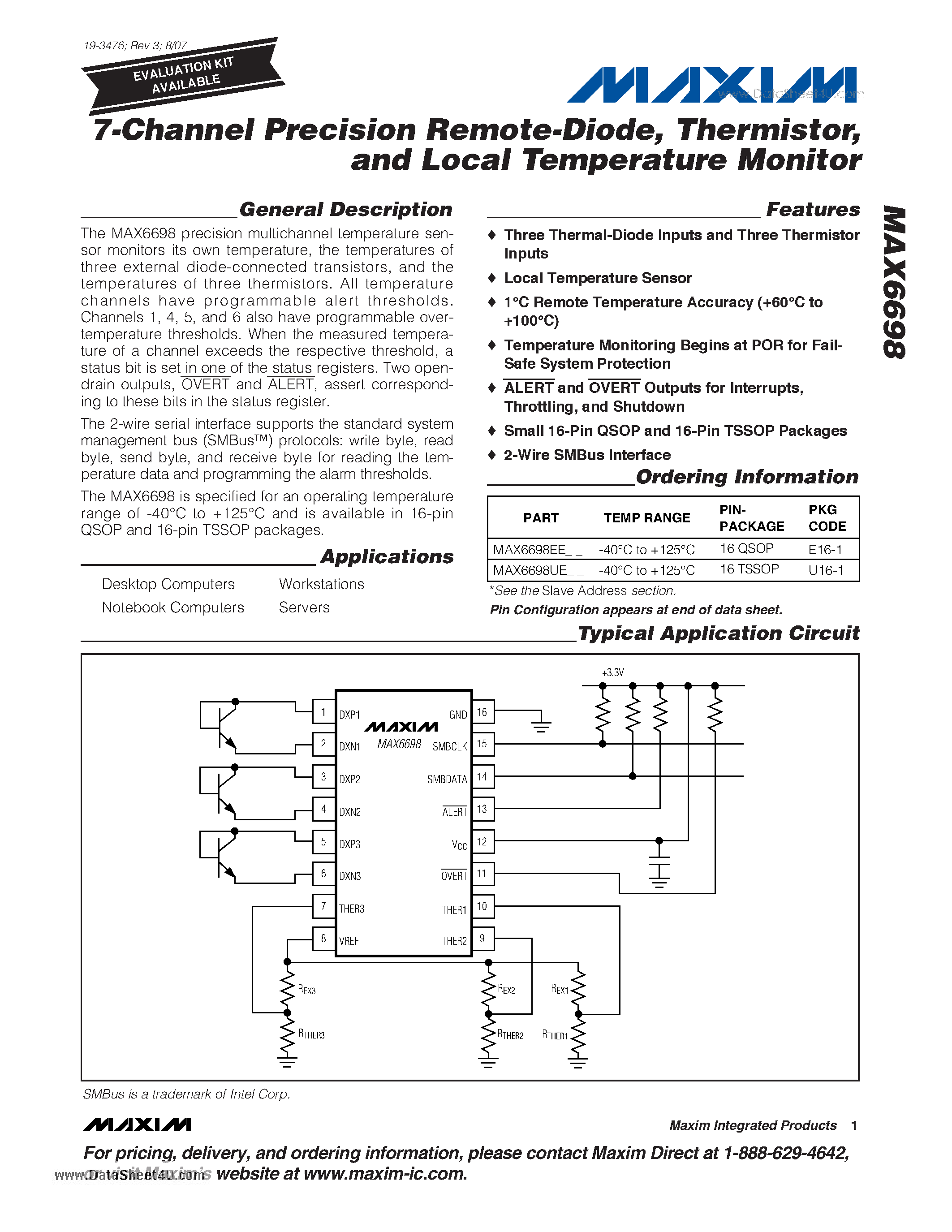 Даташит MAX6698 - 7-Channel Precision Remote-Diode Thermistor and Local Temperature Monitor страница 1
