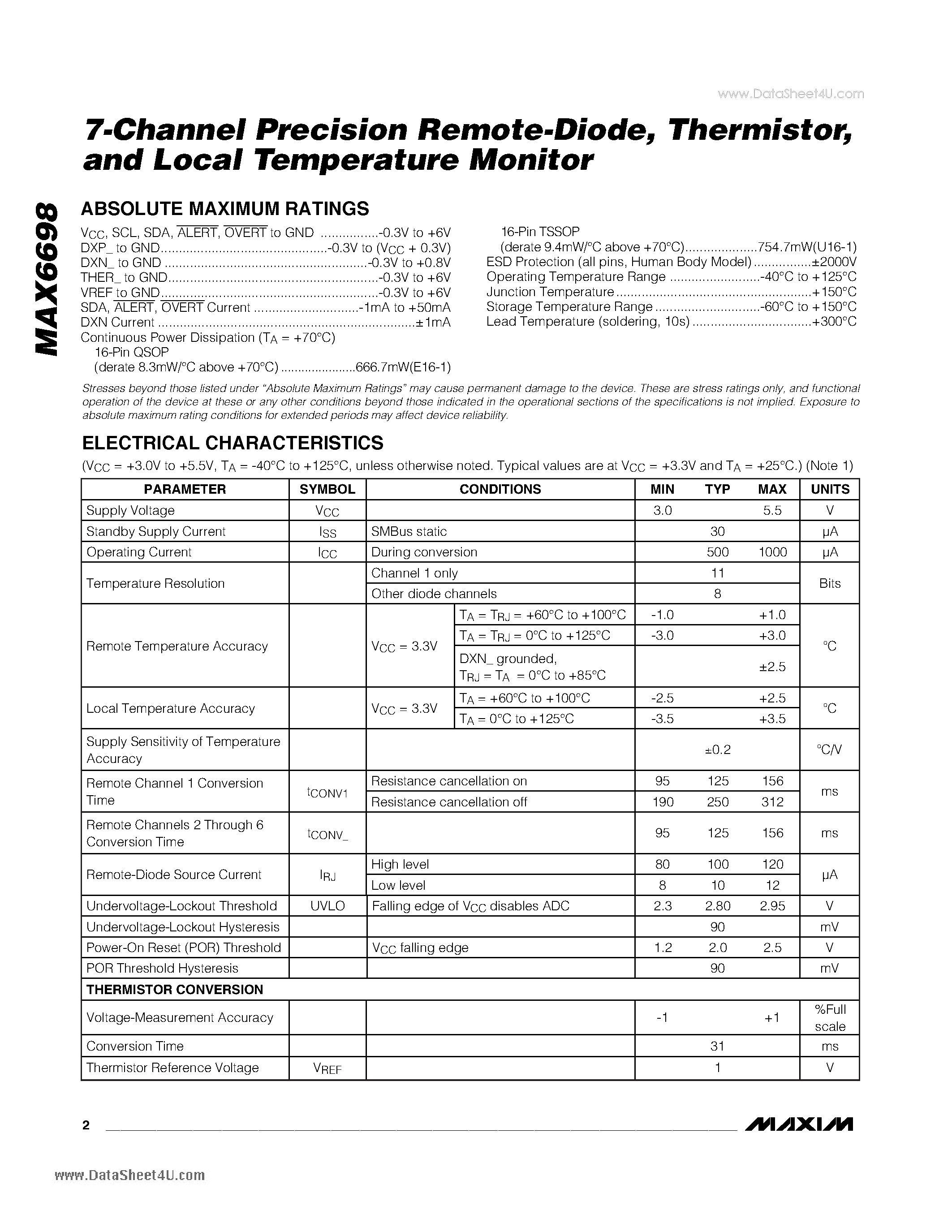 Даташит MAX6698 - 7-Channel Precision Remote-Diode Thermistor and Local Temperature Monitor страница 2