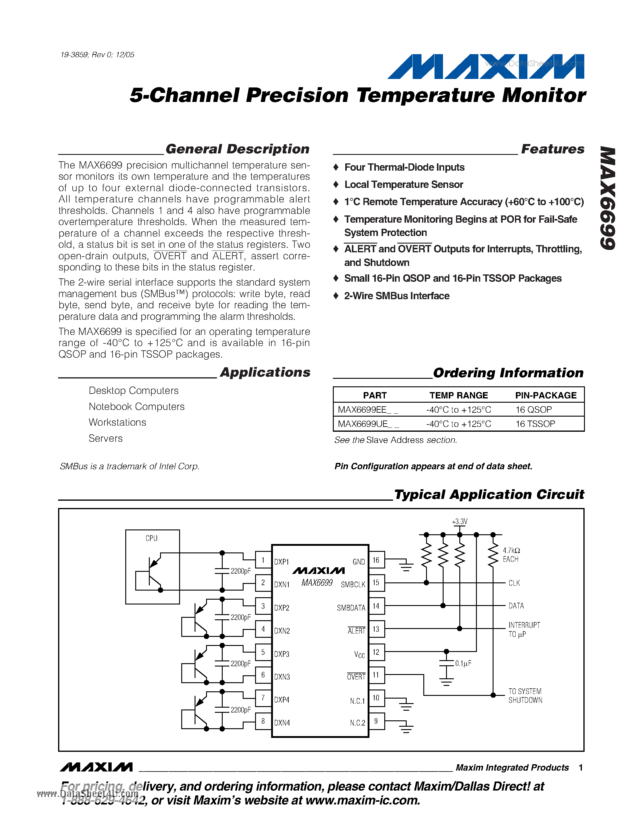 Datasheet MAX6699 - 5-Channel Precision Temperature Monitor page 1