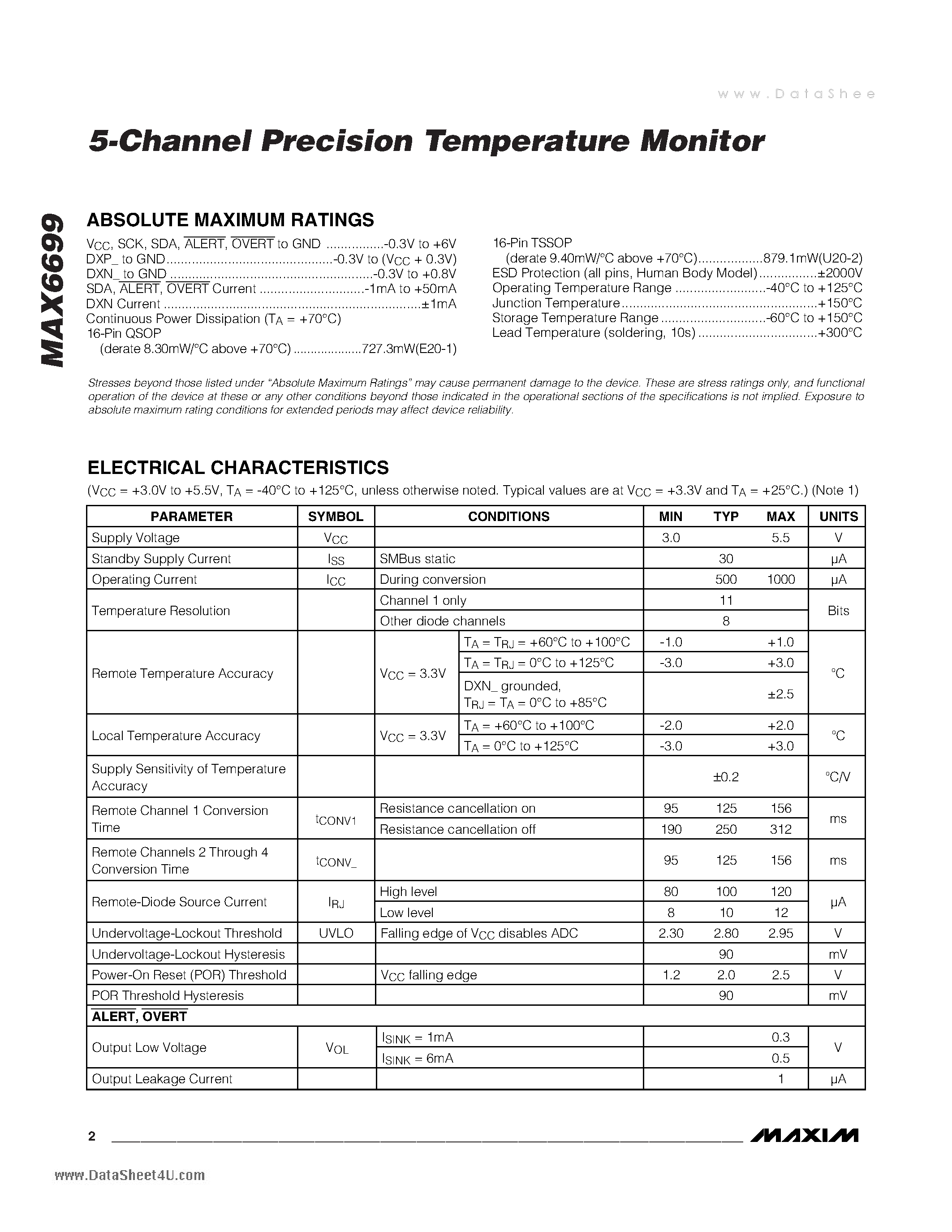 Datasheet MAX6699 - 5-Channel Precision Temperature Monitor page 2