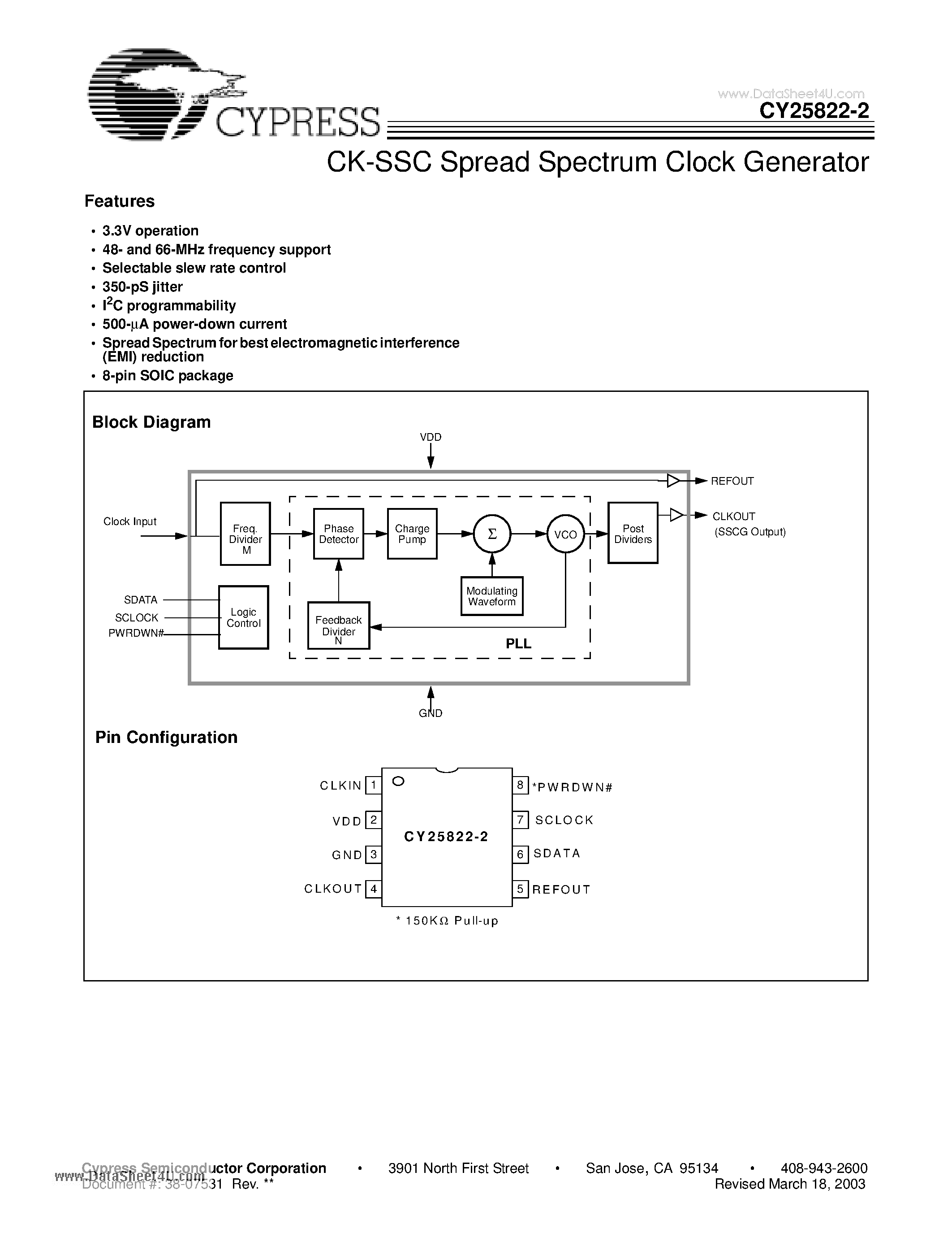 Datasheet CY25822-2 - CK-SSC Spread Spectrum Clock Generator page 1