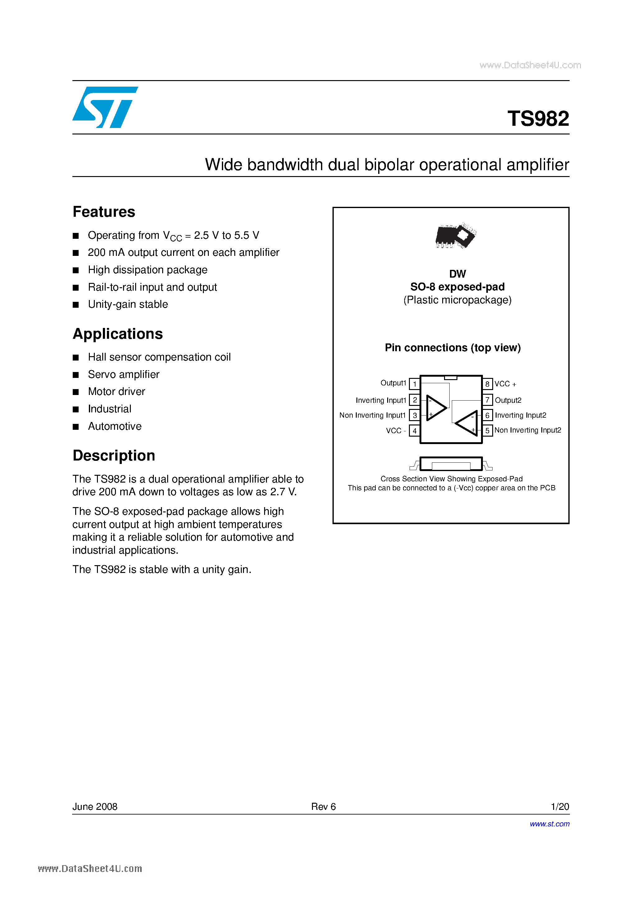 Datasheet TS982 page 1 Datasheet TS982 - Wide bandwidth dual bipolar operational amplifier page 1