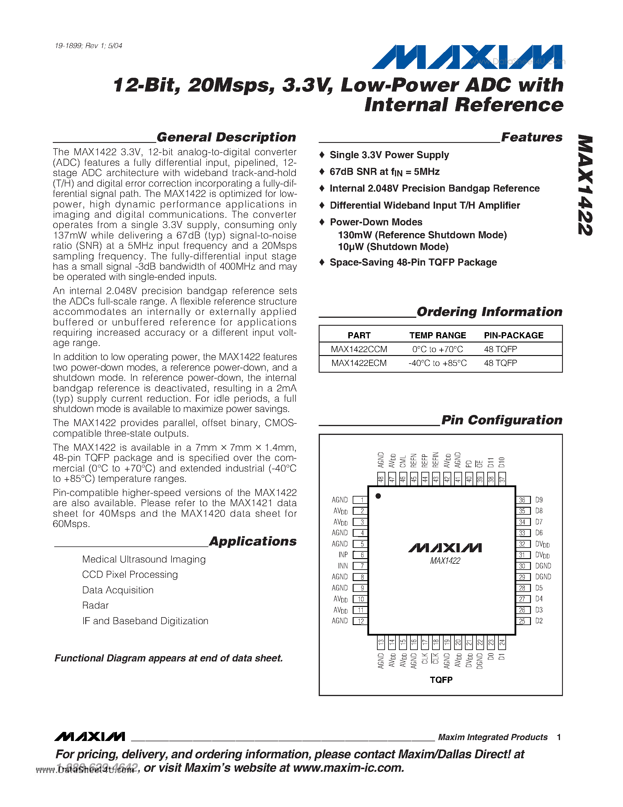 Datasheet MAX1422 - 12-Bit 20Msps 3.3V Low-Power ADC page 1