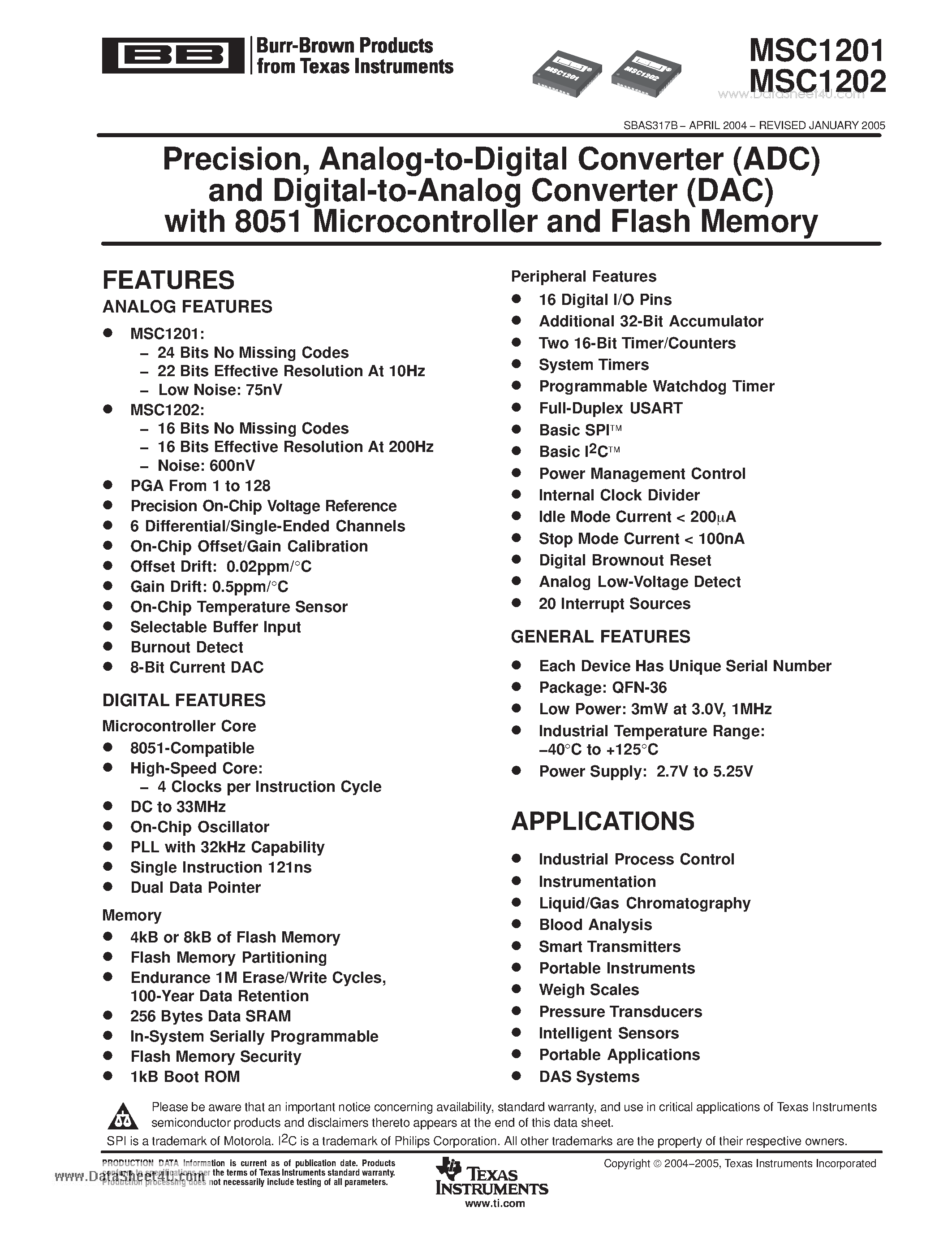 Datasheet MSC1201 - Precision Analog-to-Digital Converter (ADC) and Digital-to-Analog Converter (DAC) page 1