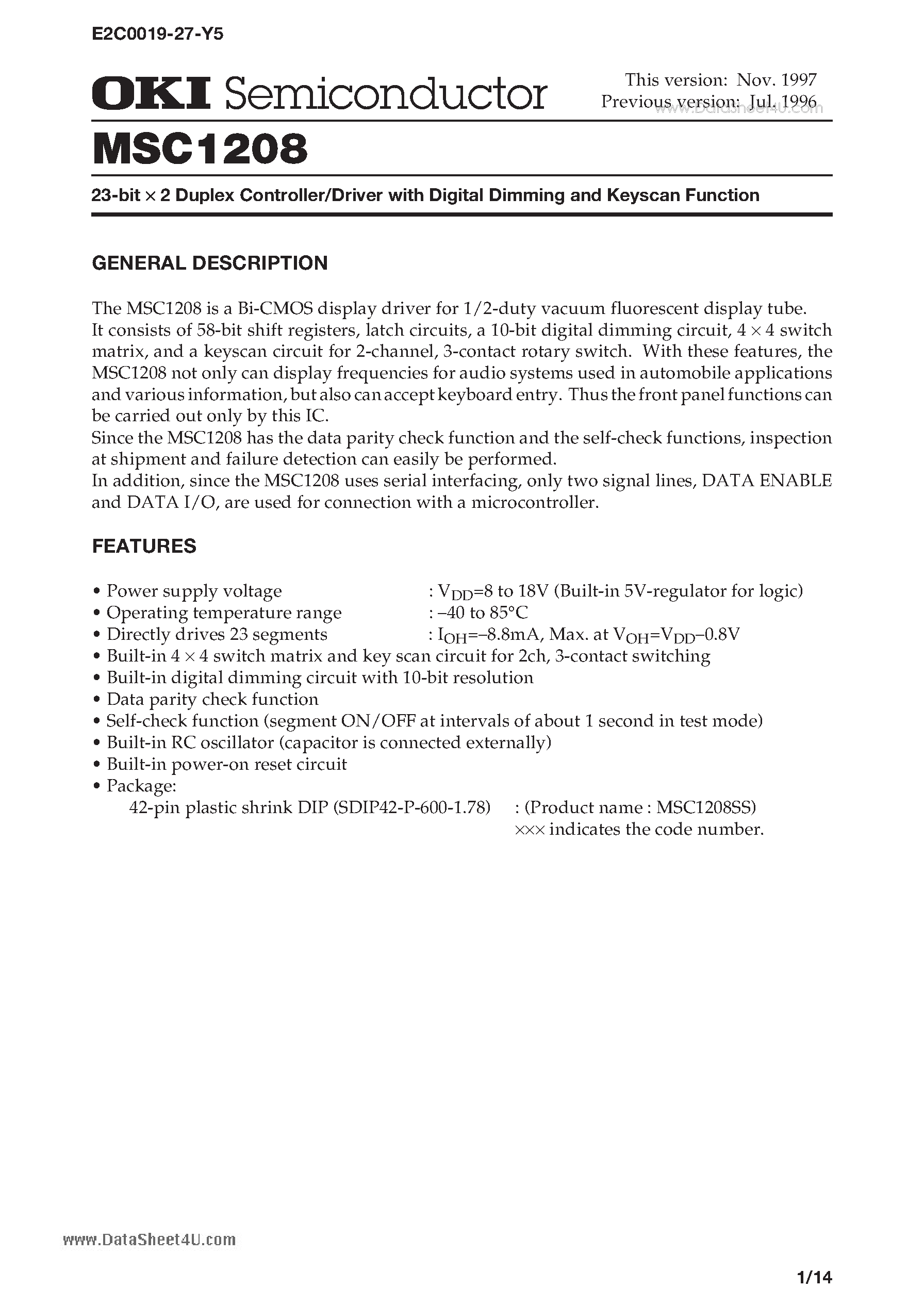 Datasheet MSC1208 - 23-bit x 2 Duplex Controller/Driver page 1