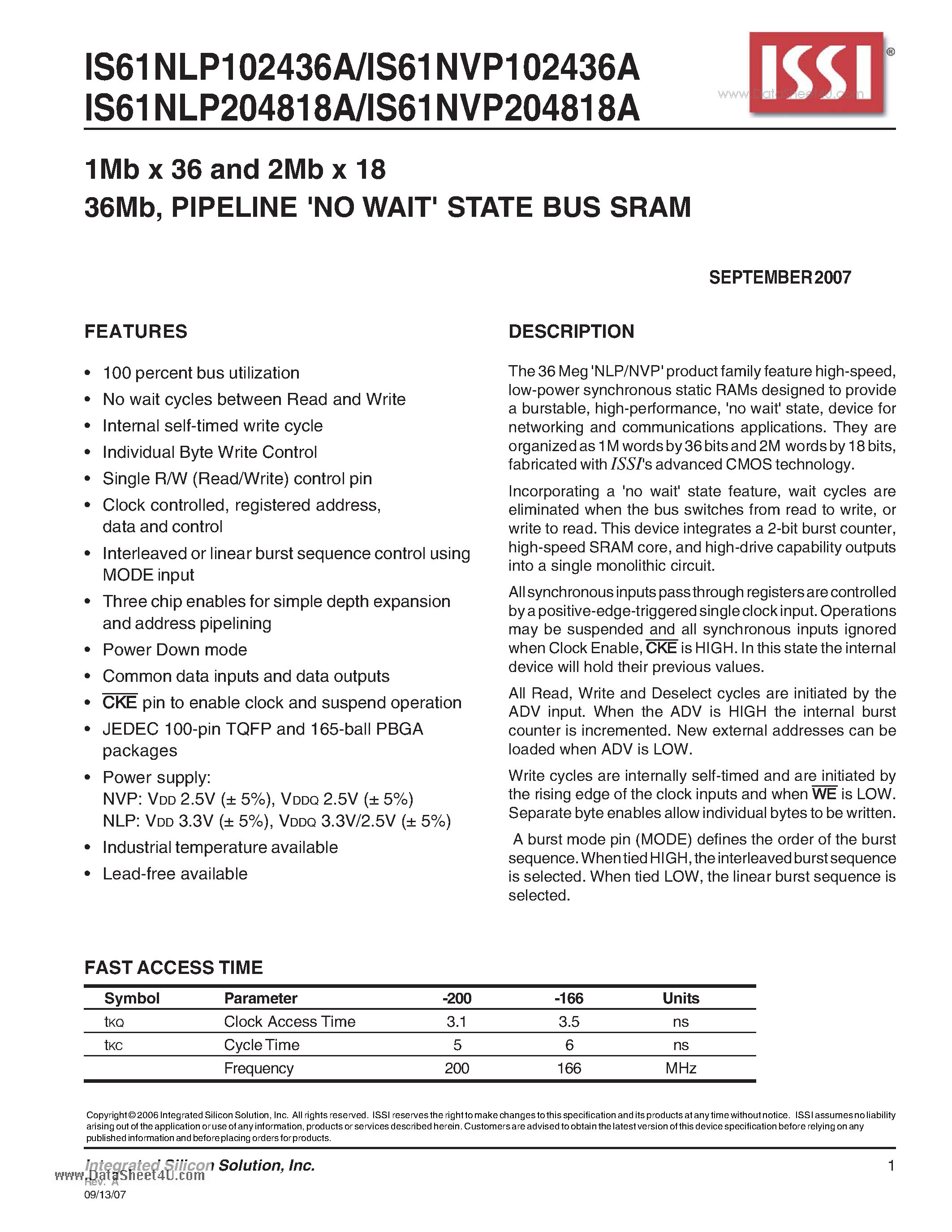 Datasheet IS61NLP102436A - 1Mb x 36 and 2Mb x 18 STATE BUS SRAM page 1