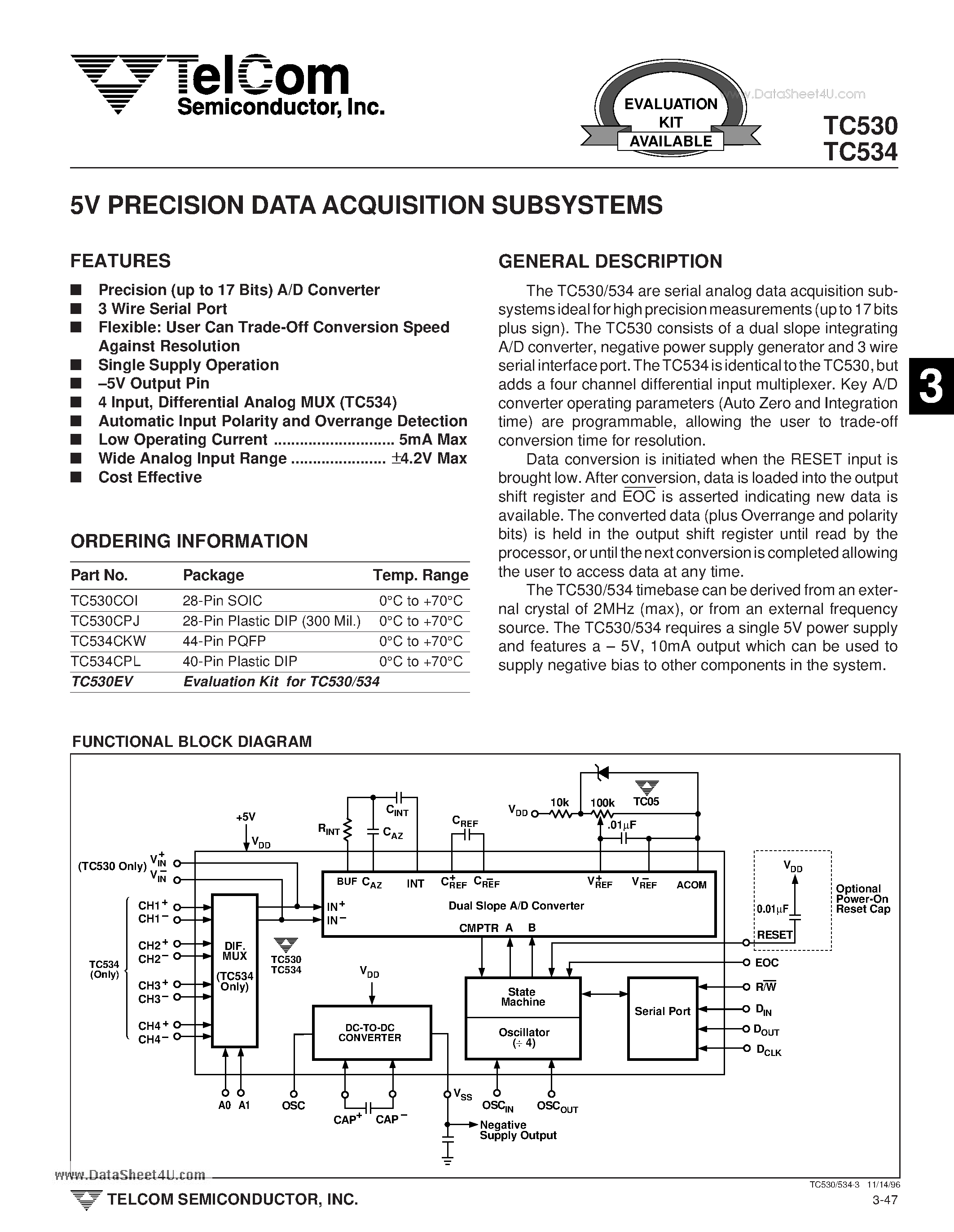 Даташит TC530 - (TC530 / TC534) 5V PRECISION DATA ACQUISITION SUBSYSTEMS страница 1