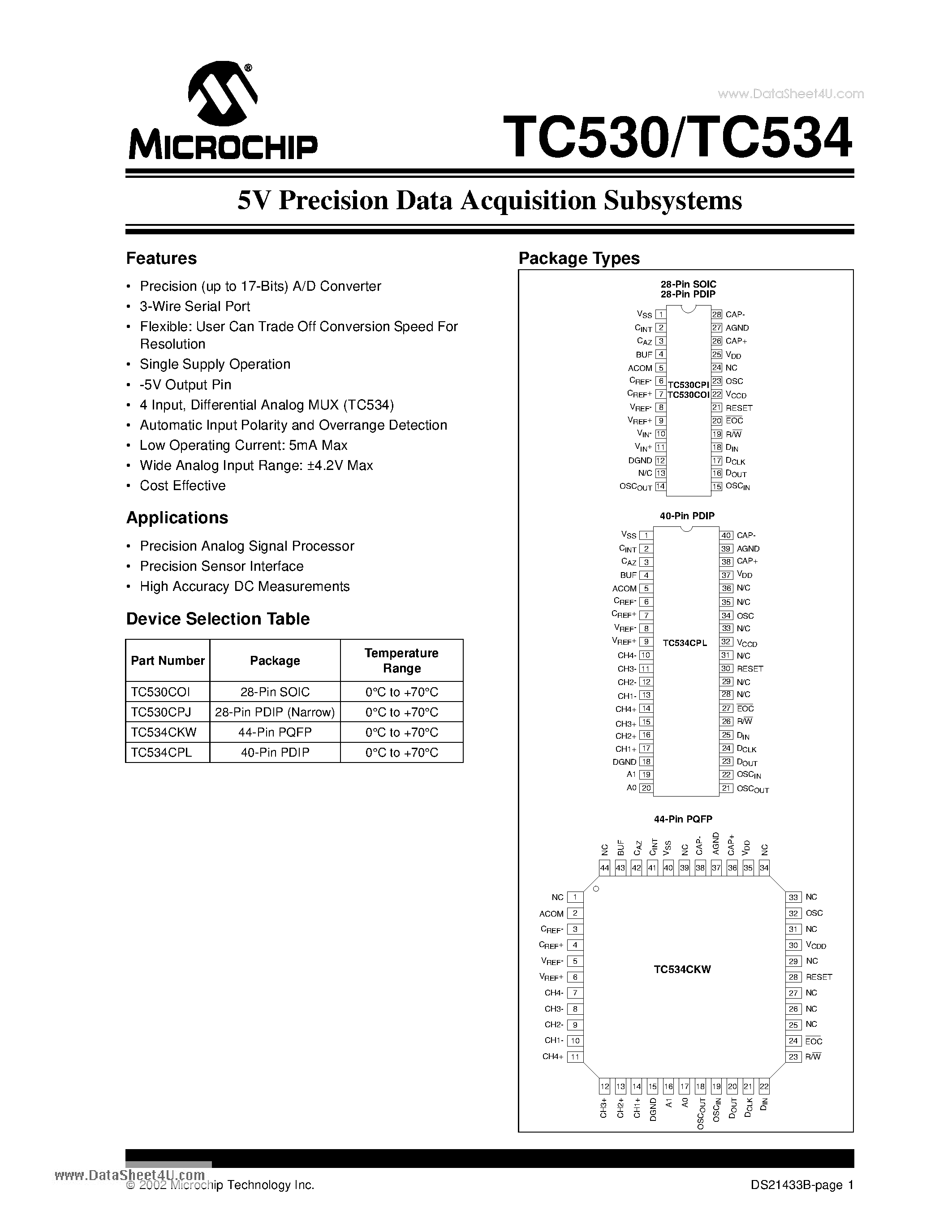 Datasheet TC530 page 1 Datasheet TC530 - (TC530 / TC534) 5V Precision Data Acquisition Subsystems page 1