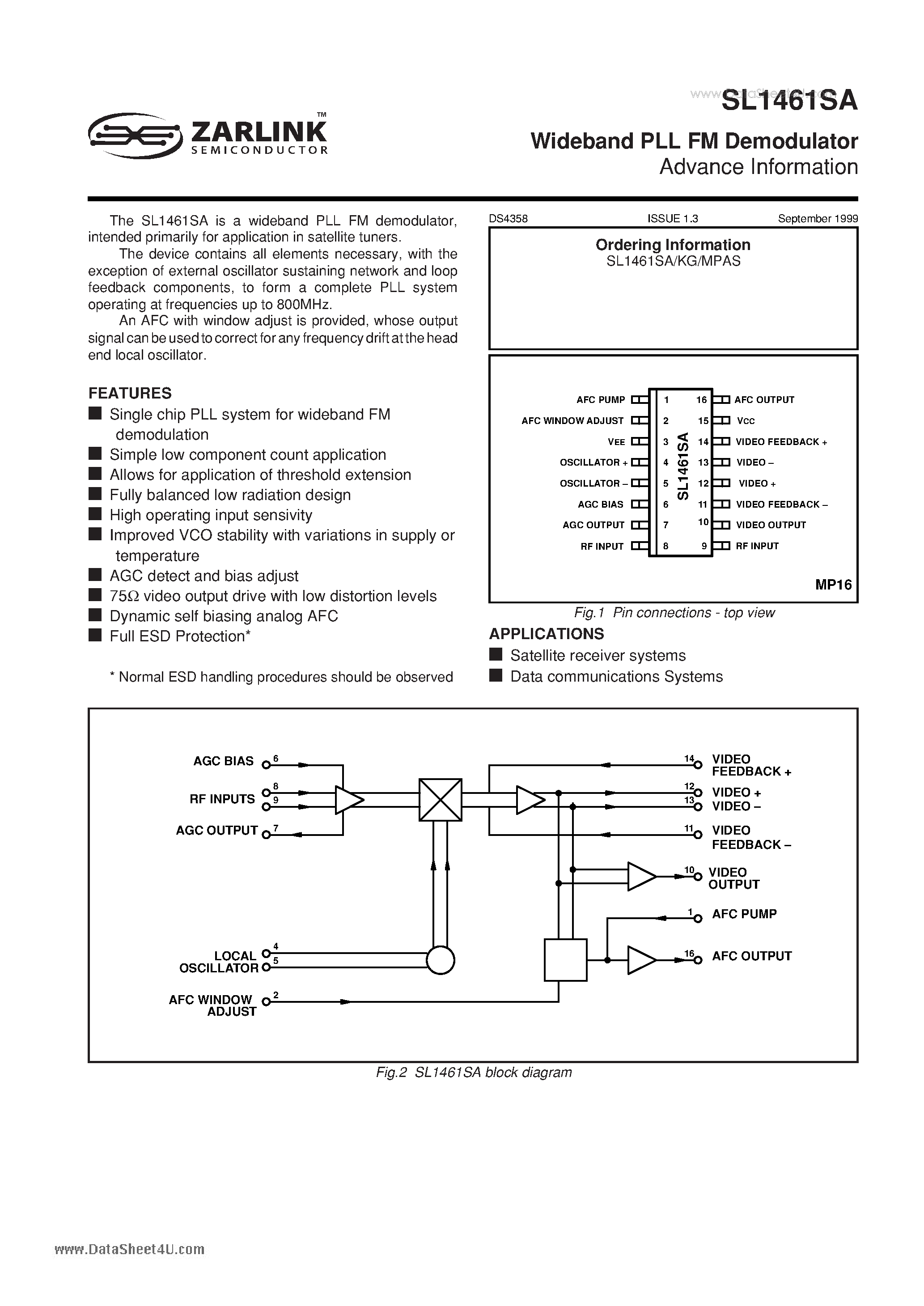 Datasheet SL1461SA page 1 Datasheet SL1461SA - Wideband PLL FM Demodulator page 1