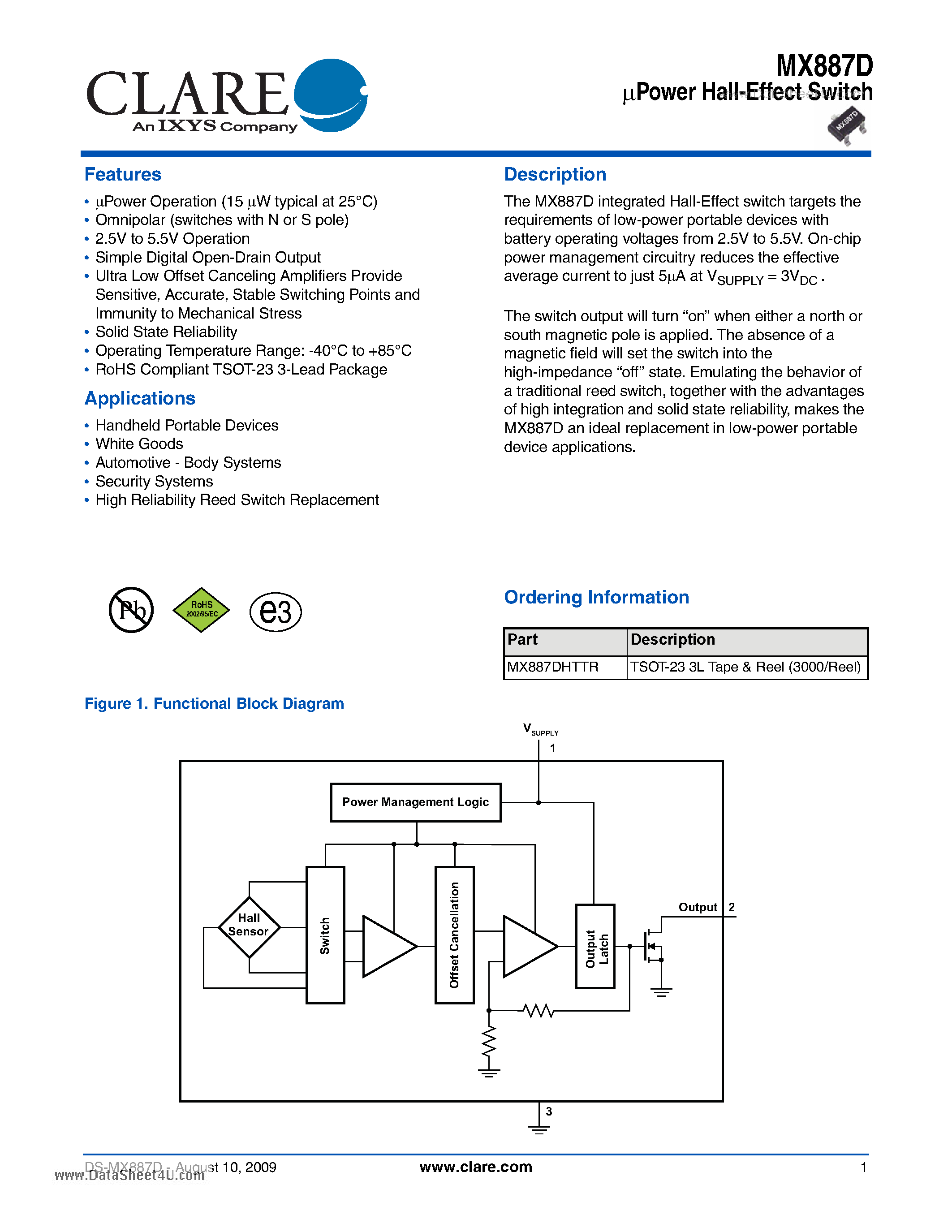 Datasheet MX887D - uPower Hall-Effect Switch page 1