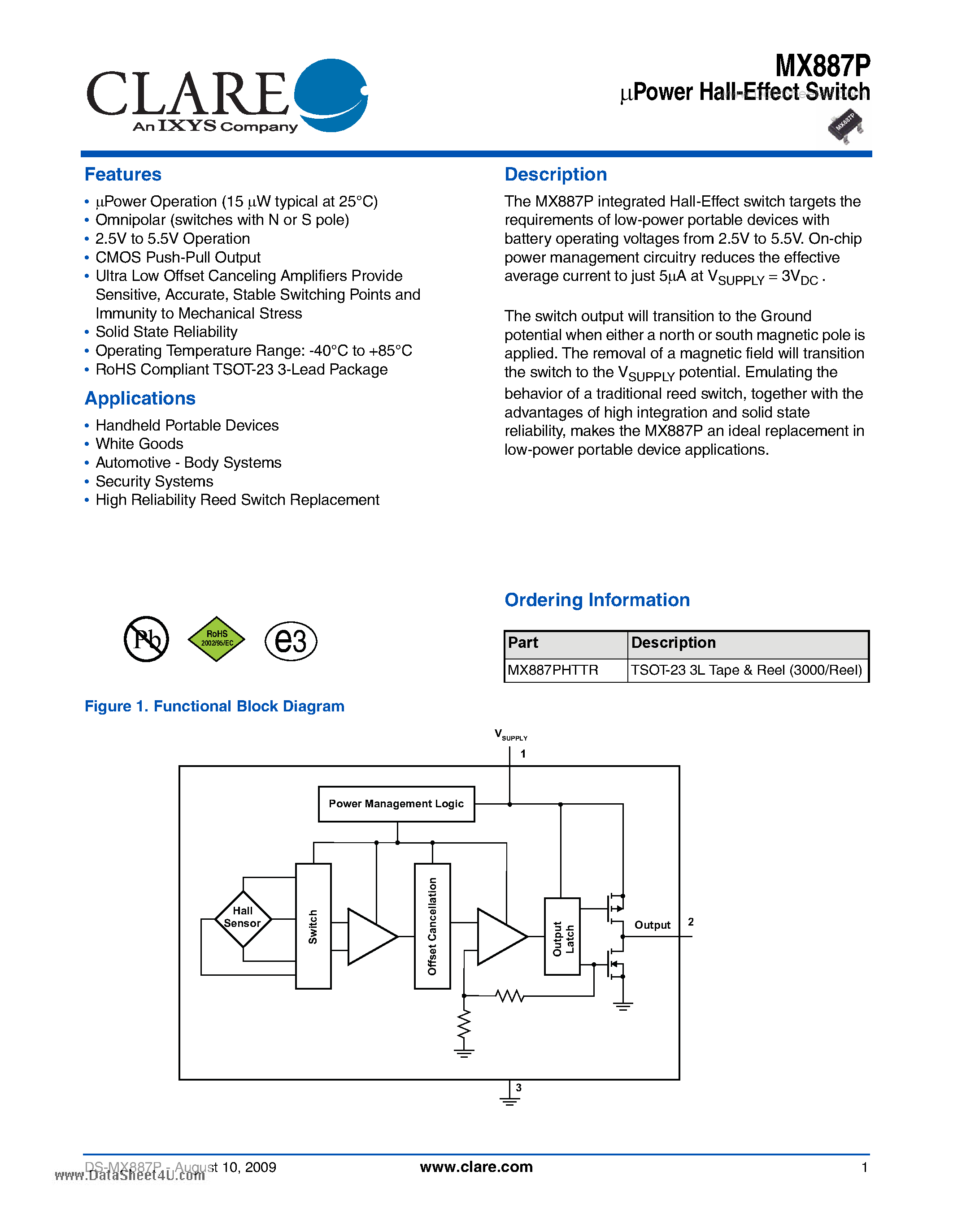 Datasheet MX887P - uPower Hall-Effect Switch page 1