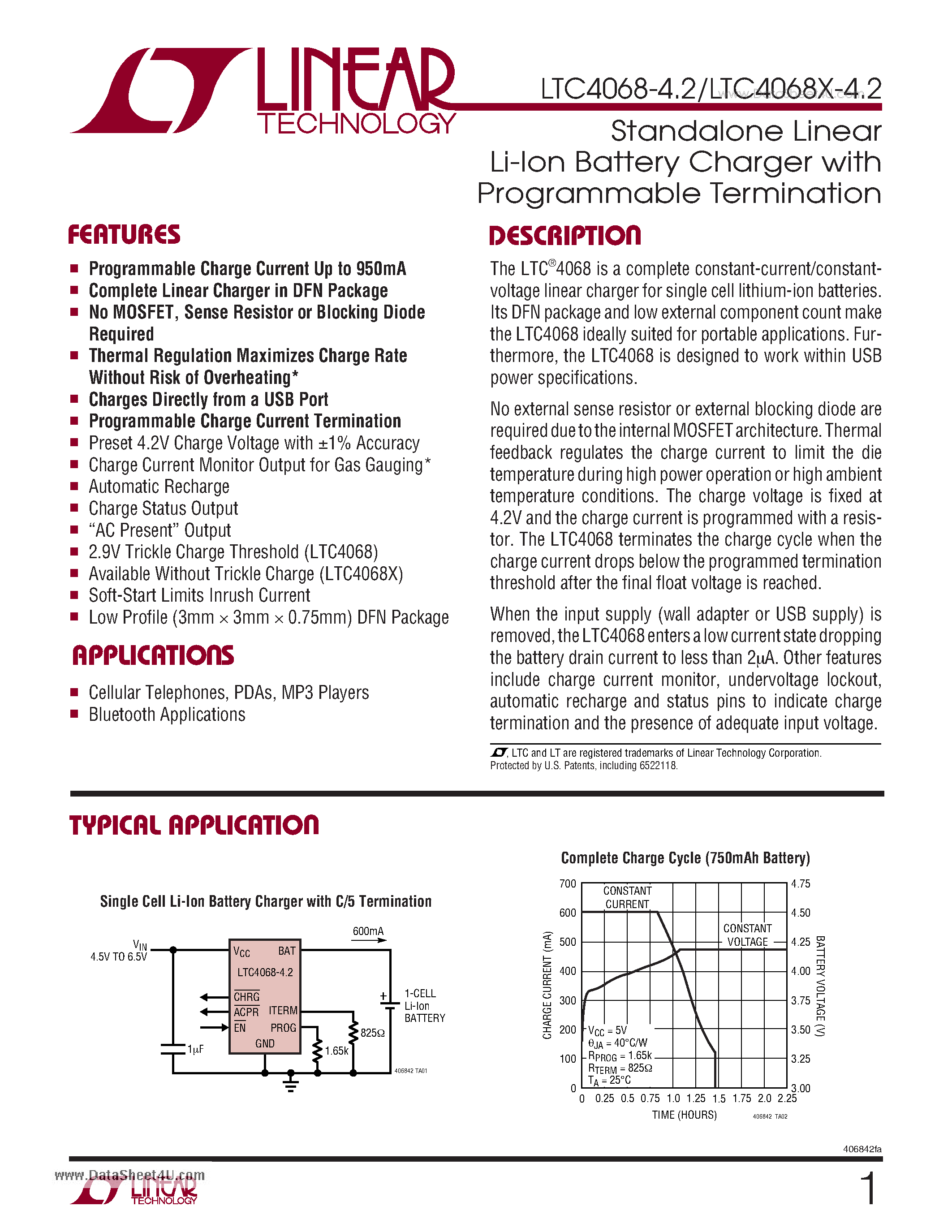 Datasheet LTC4068-4.2 - Standalone Linear Li-Ion Battery Charger page 1