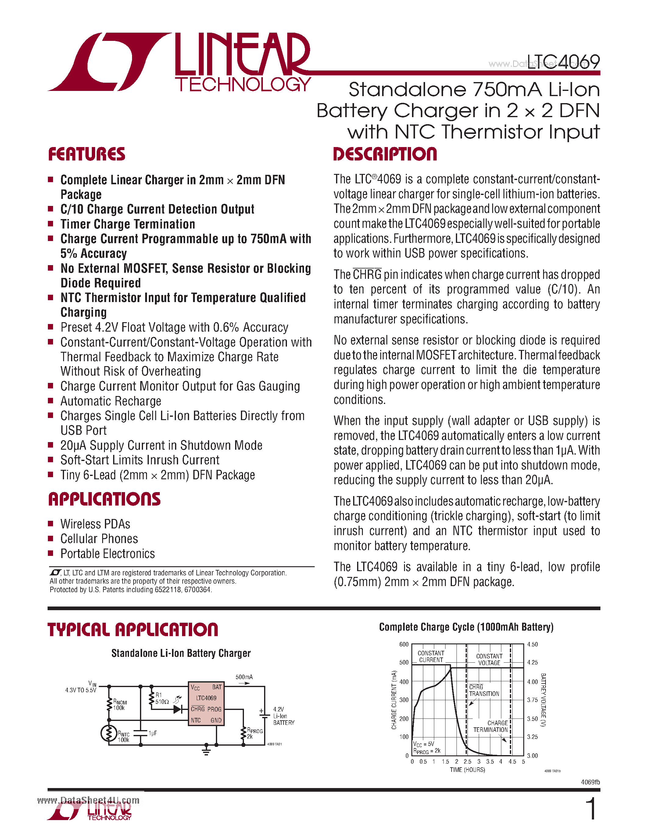 Datasheet LTC4069 - Standalone 750mA Li-Ion Battery Charger page 1