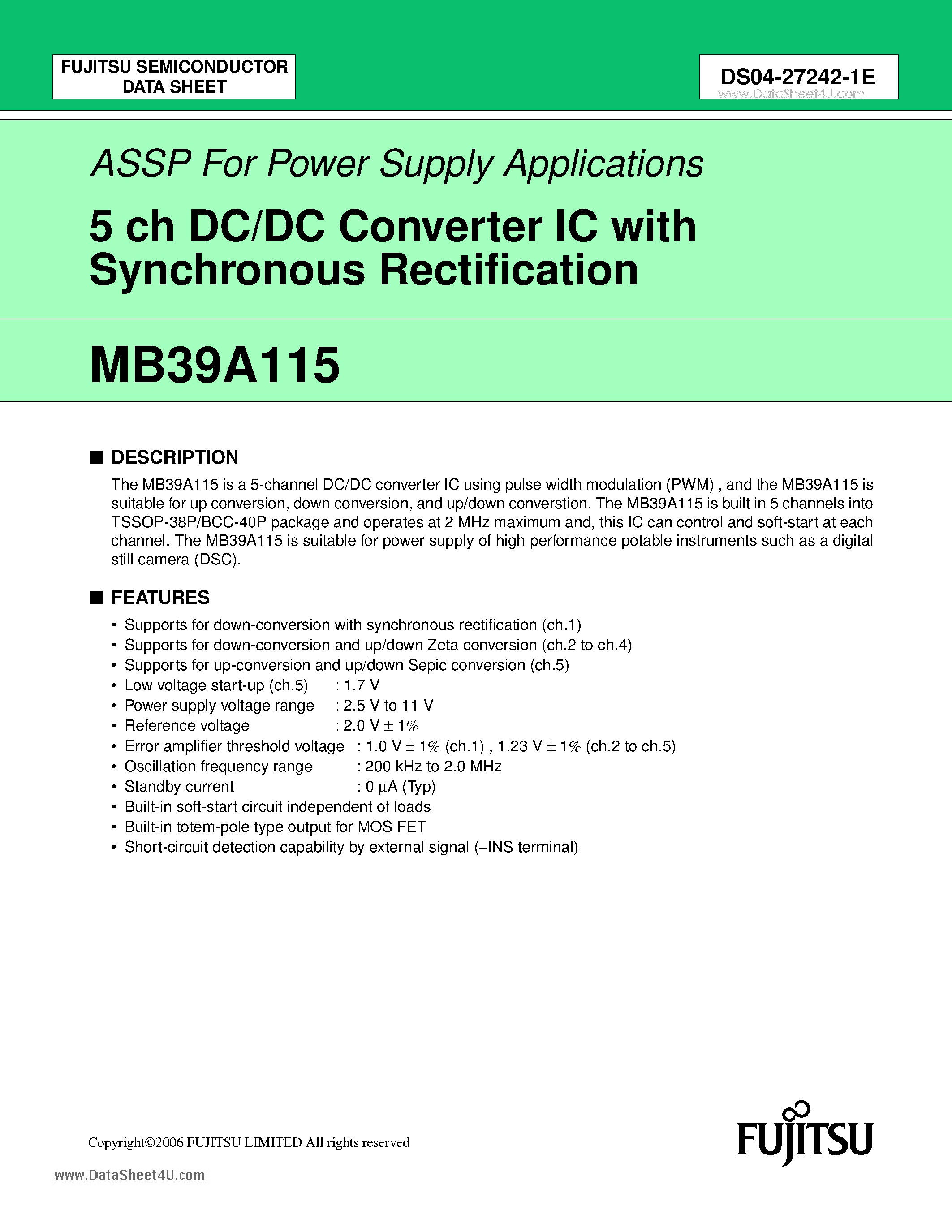 Datasheet MB39A115 - 5 ch DC/DC Converter IC with Synchronous Rectification page 1