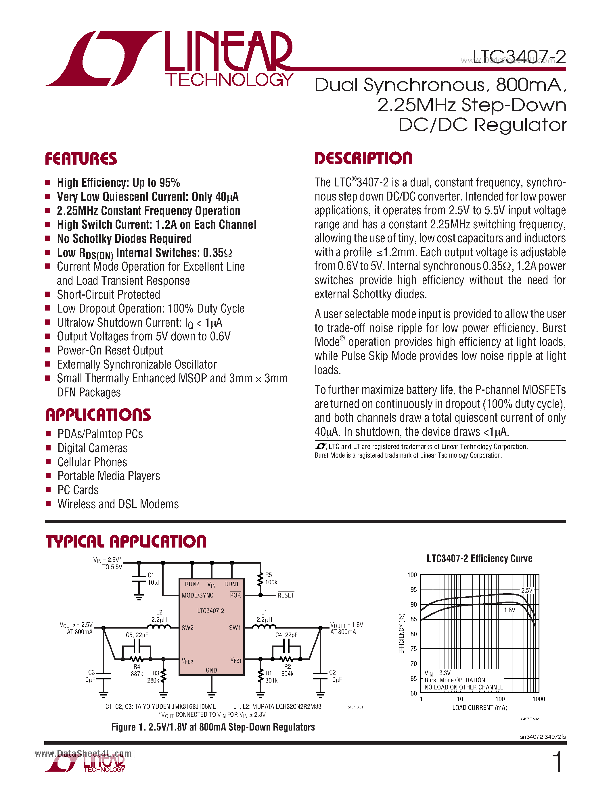 Datasheet LTC3407-2 - 2.25MHz Step-Down DC/DC Regulator page 1