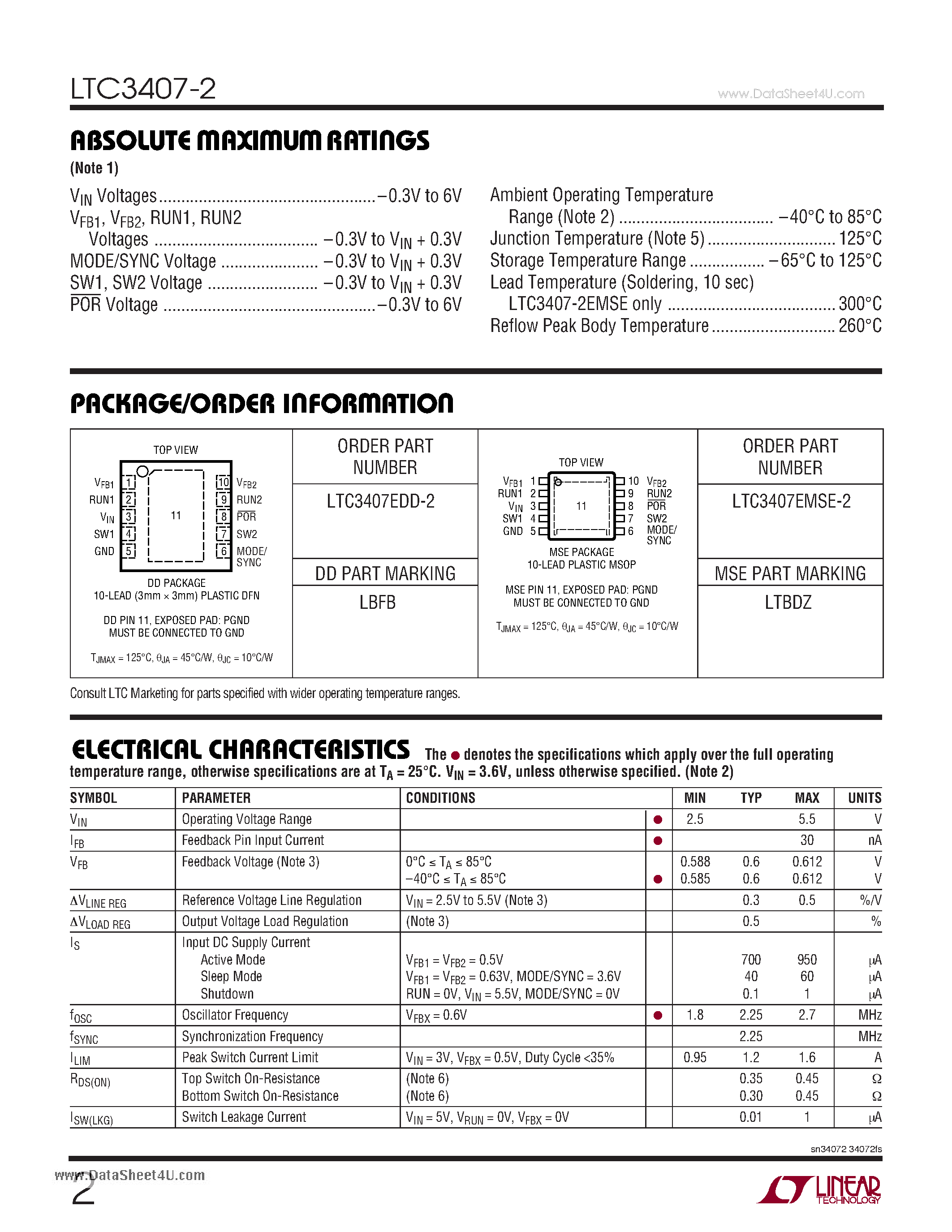 Datasheet LTC3407-2 - 2.25MHz Step-Down DC/DC Regulator page 2