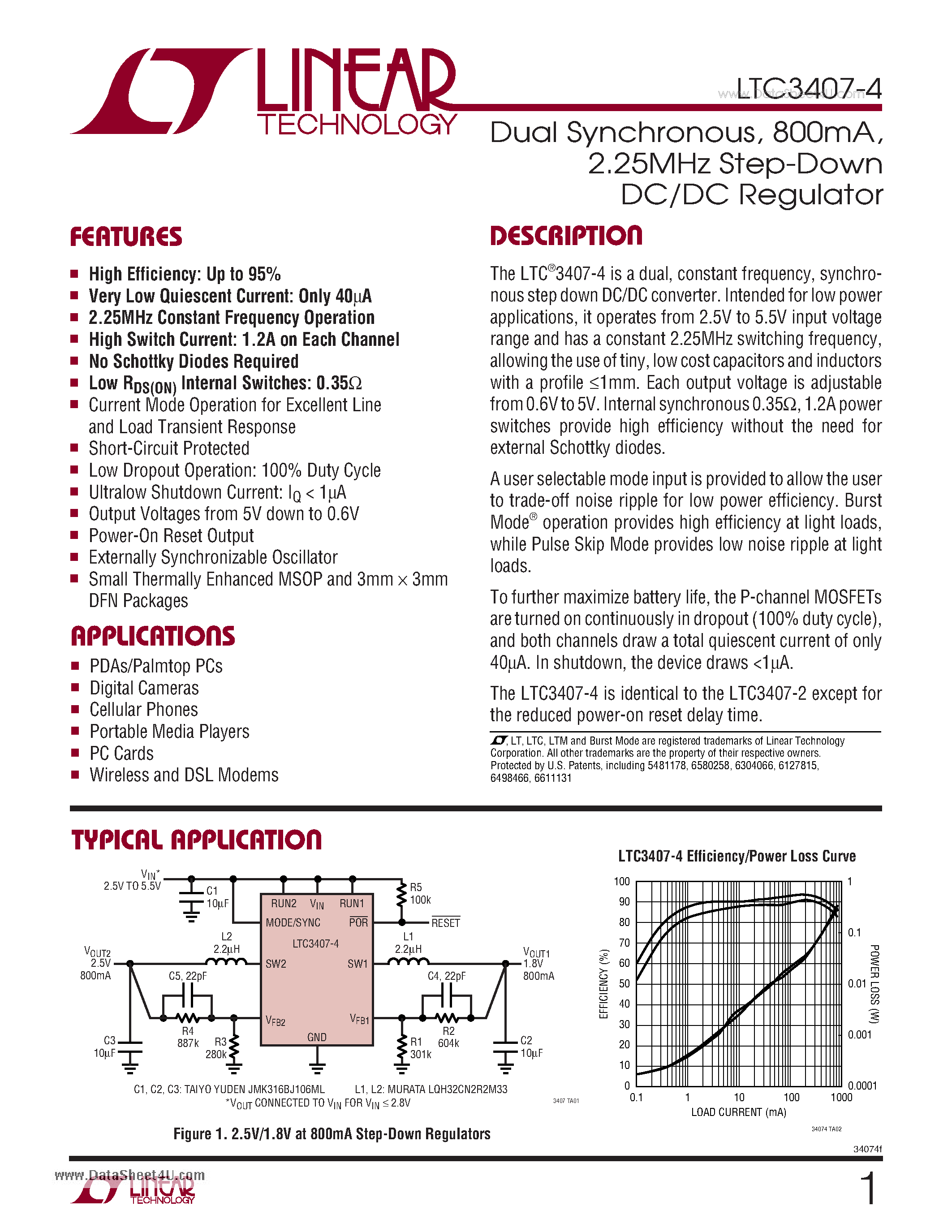 Даташит LTC3407-4 - Dual Synchronous 800mA 2.25MHz Step-Down DC/DC Regulator страница 1