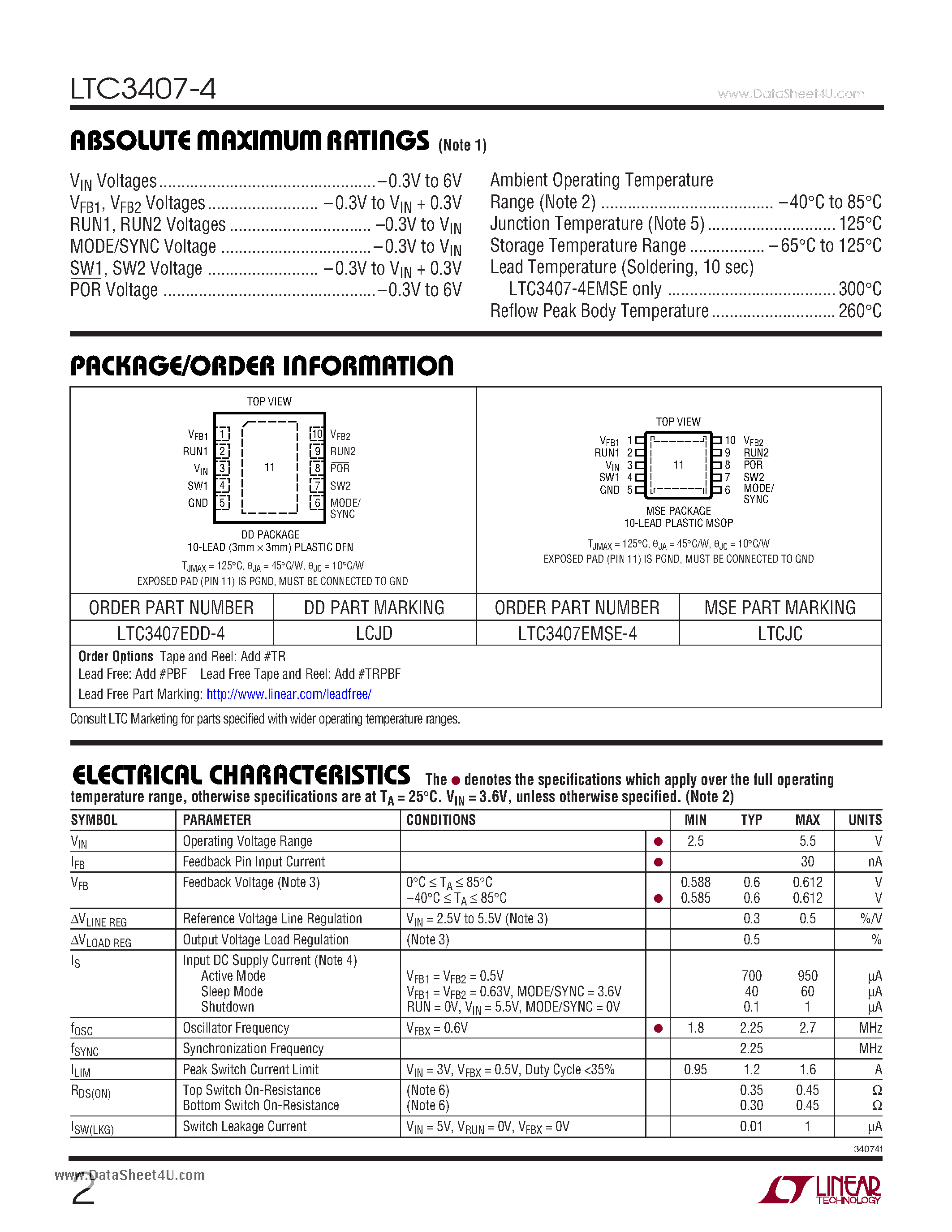 Даташит LTC3407-4 - Dual Synchronous 800mA 2.25MHz Step-Down DC/DC Regulator страница 2