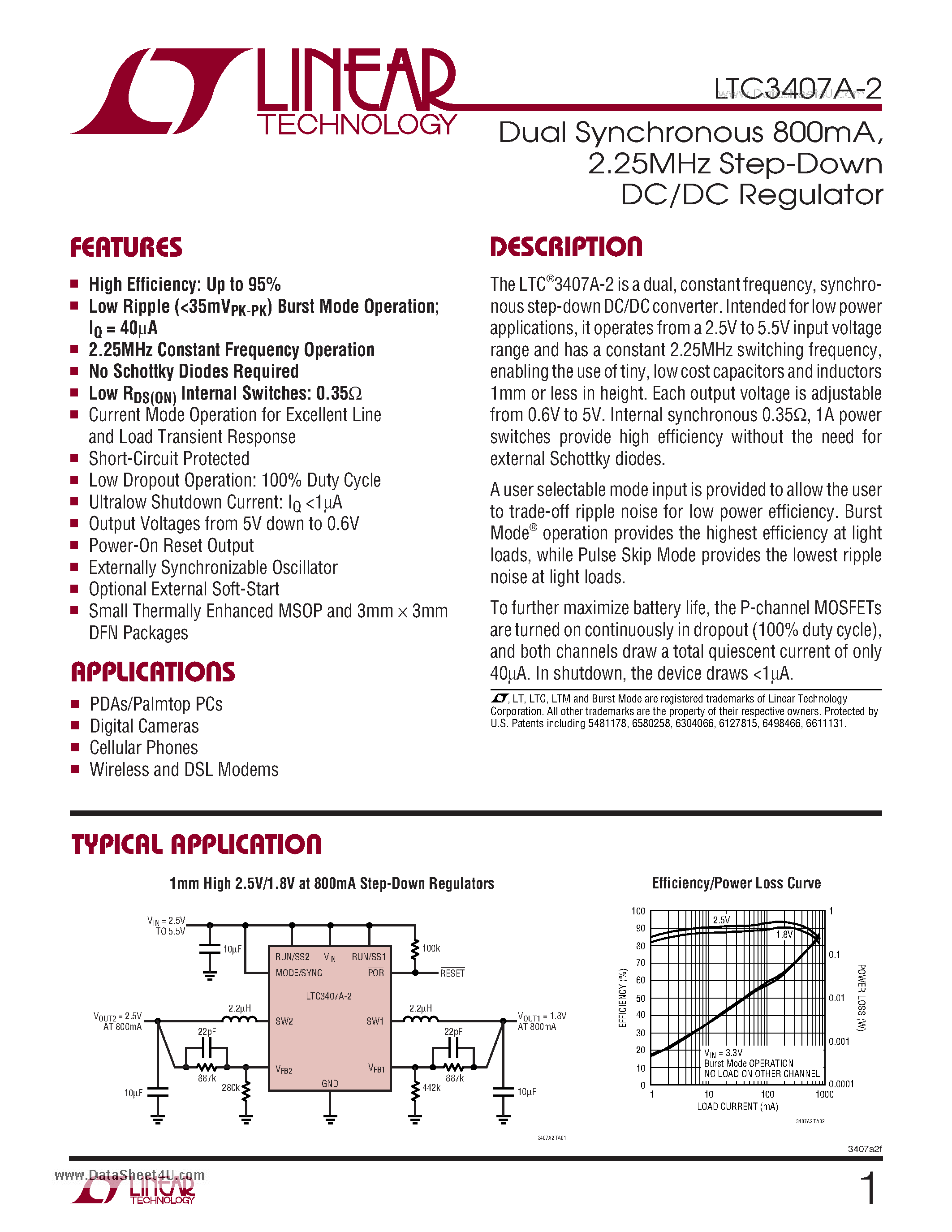 Datasheet LTC3407A-2 page 1 Datasheet LTC3407A-2 - Dual Synchronous 800mA2.25MHz Step-Down DC/DC Regulator page 1