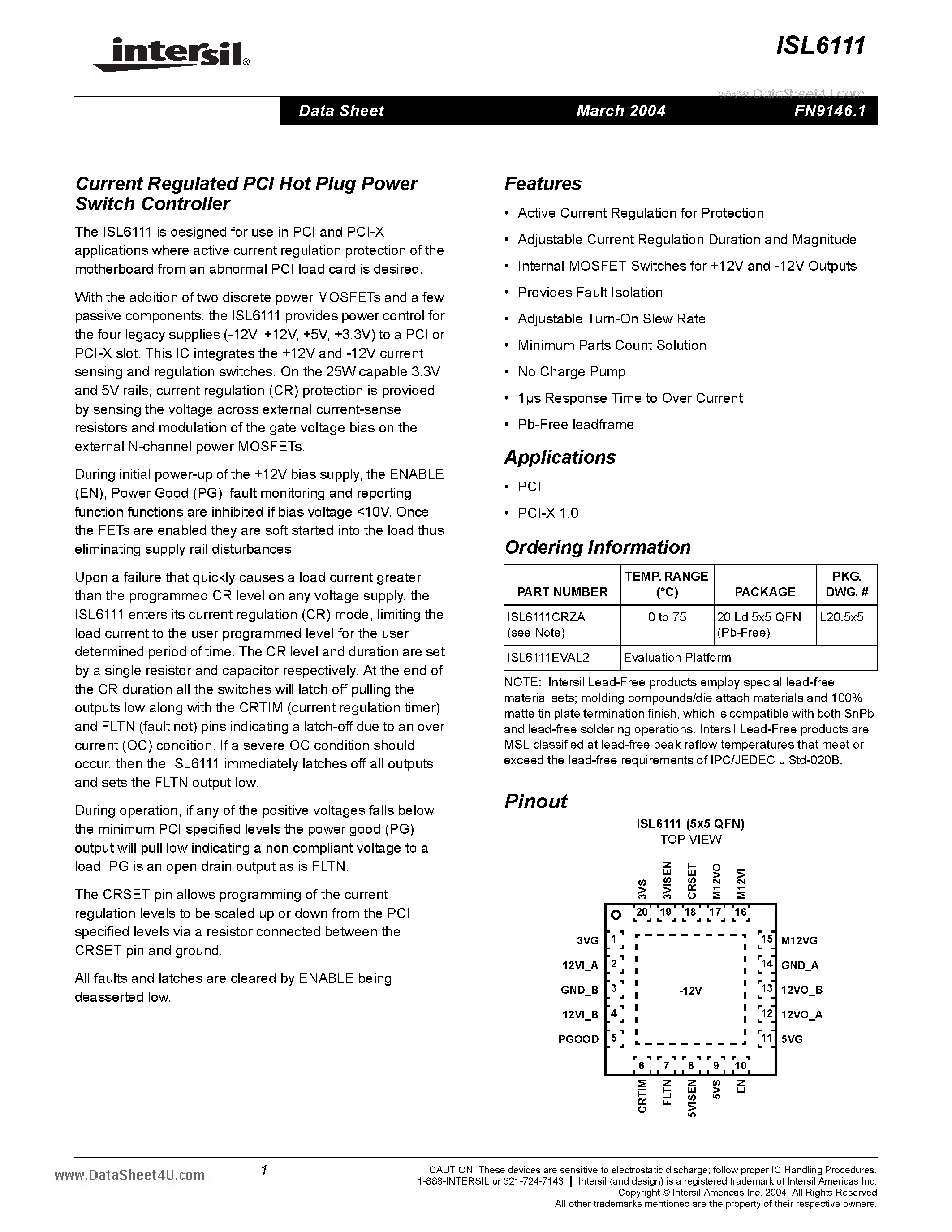 Datasheet ISL6111 - Current Regulated PCI Hot Plug Power Switch Controller page 1