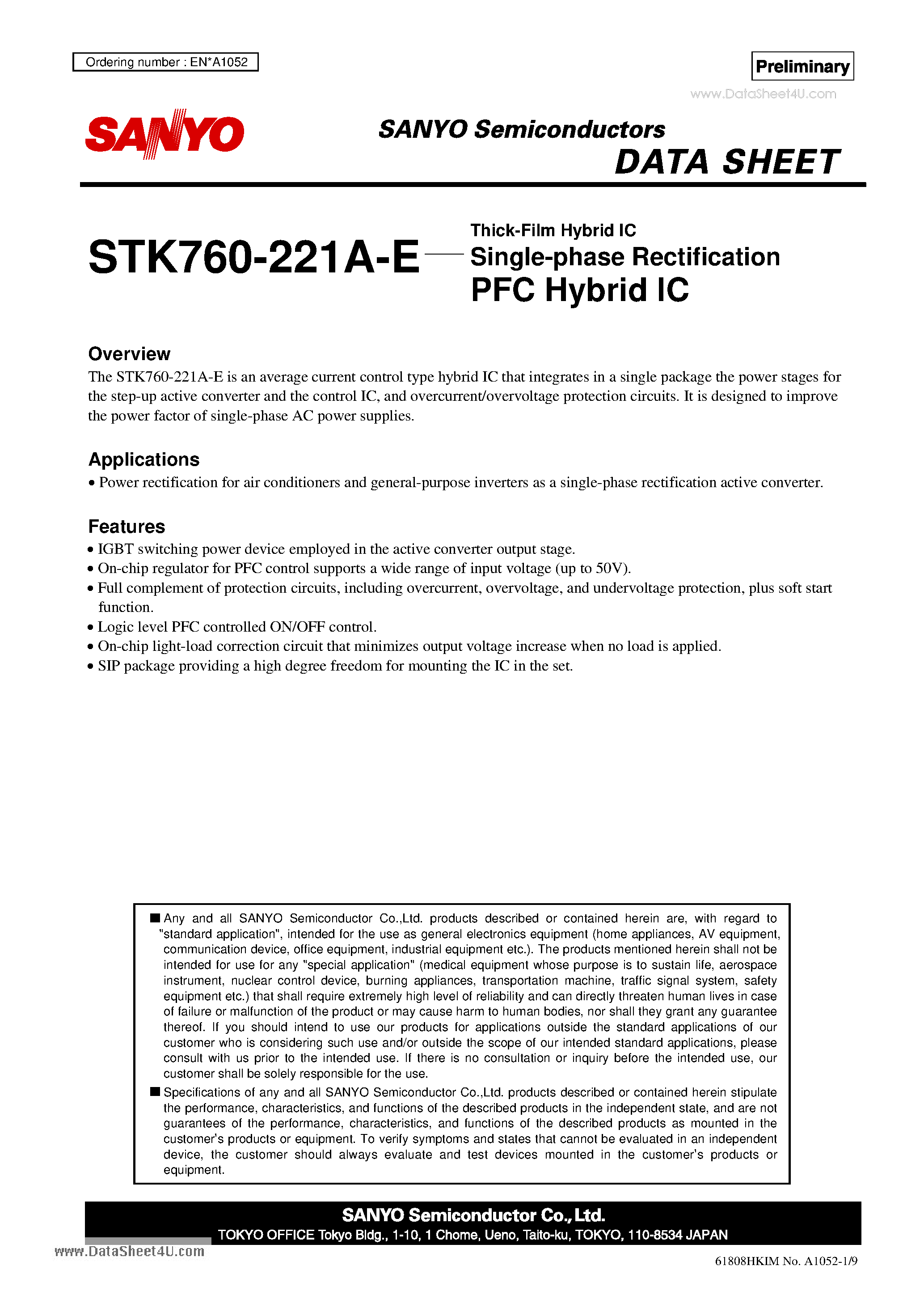 Даташит STK760-221A-E - Thick-Film Hybrid IC Single-phase Rectification PFC Hybrid IC страница 1