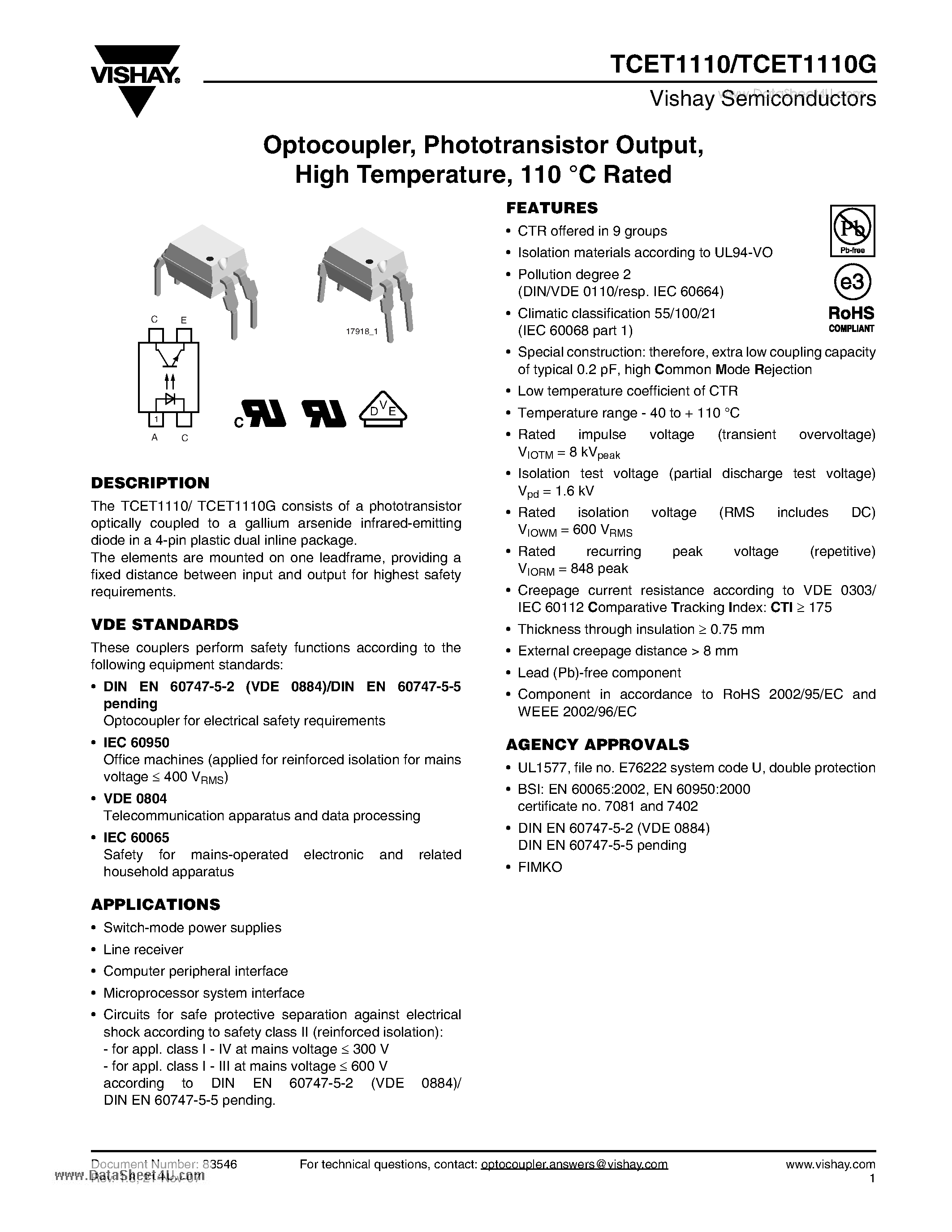 Даташит TCET1110 - Optocoupler Phototransistor Output High Temperature 110 C Rated страница 1