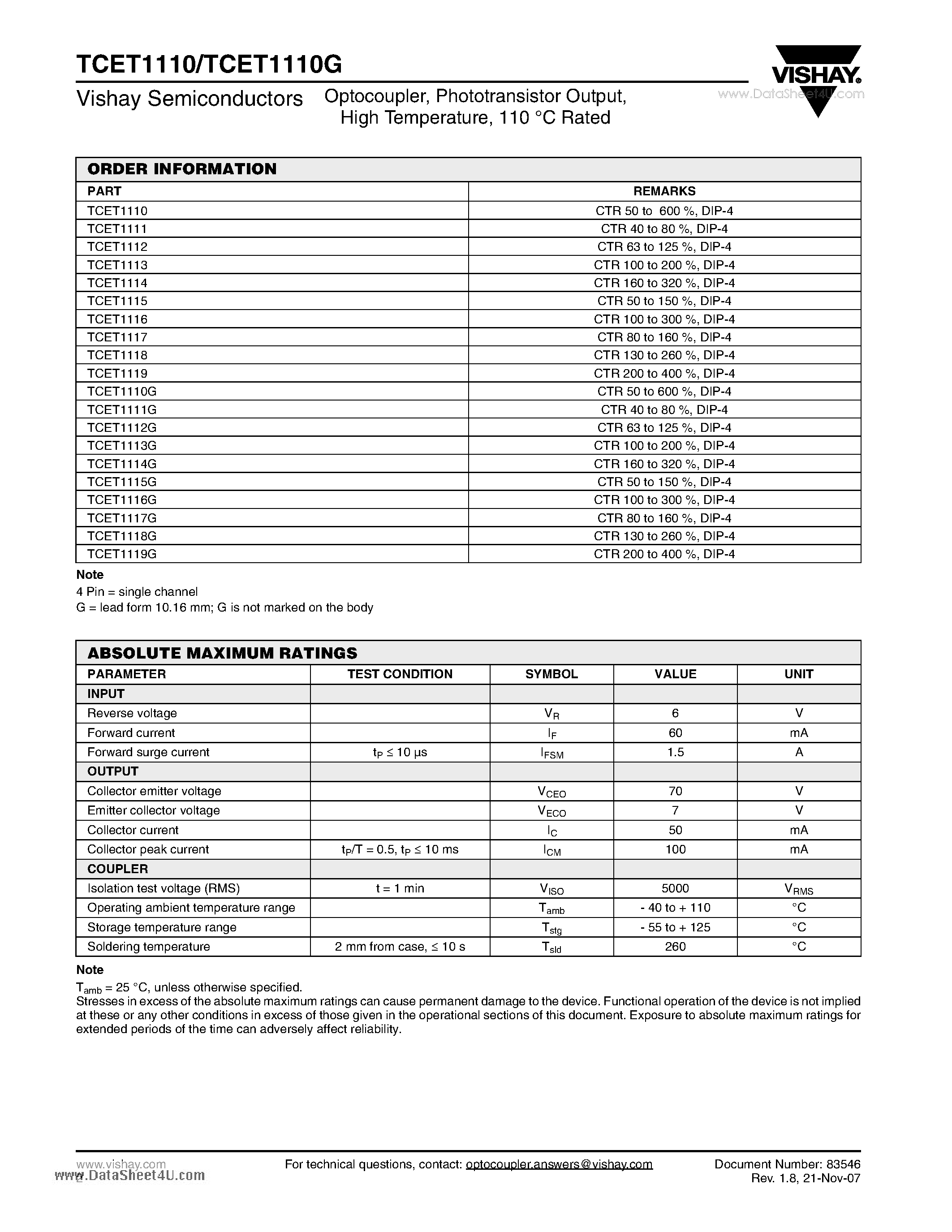 Даташит TCET1110 - Optocoupler Phototransistor Output High Temperature 110 C Rated страница 2